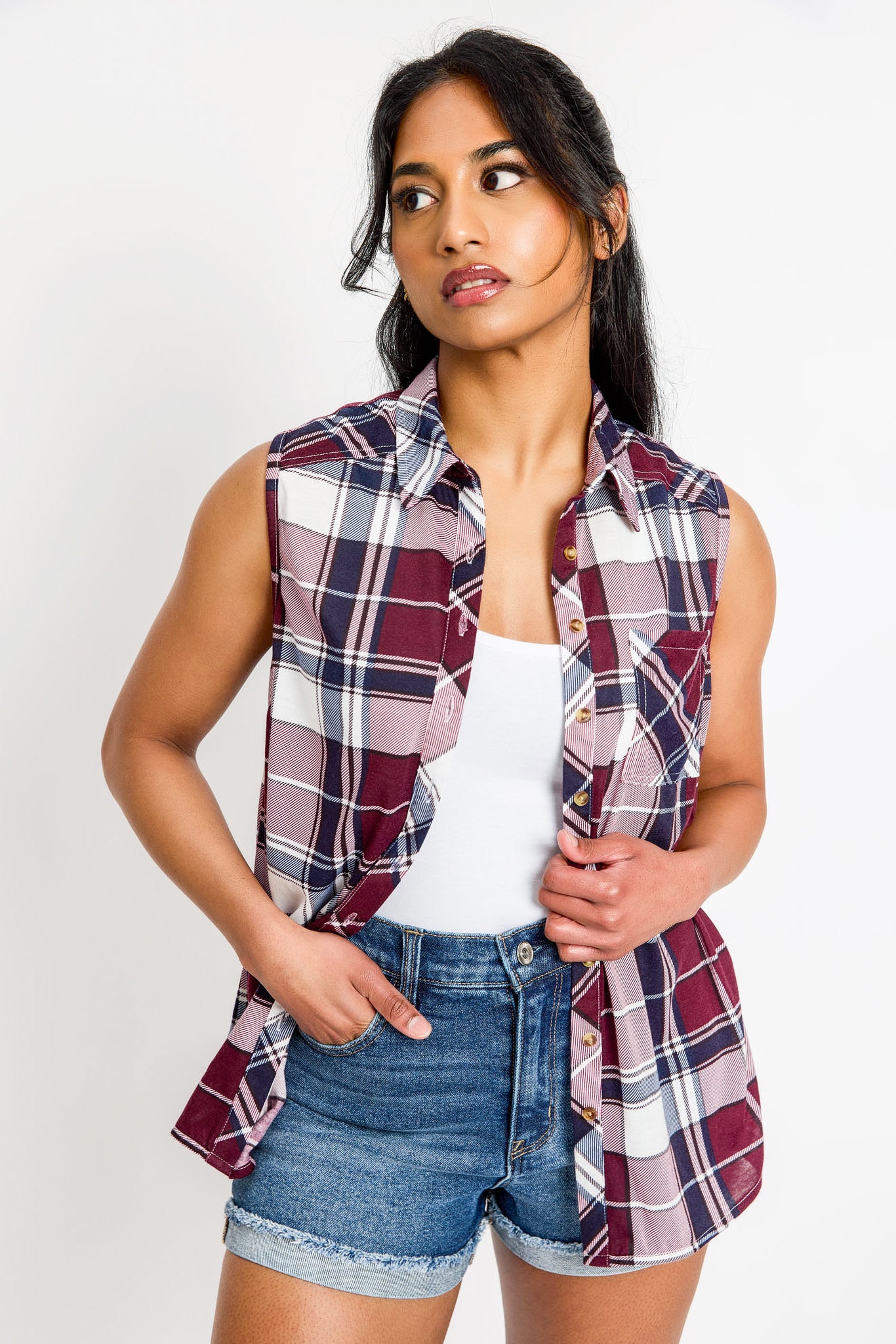 Chemise boutonnée à carreaux sans manches