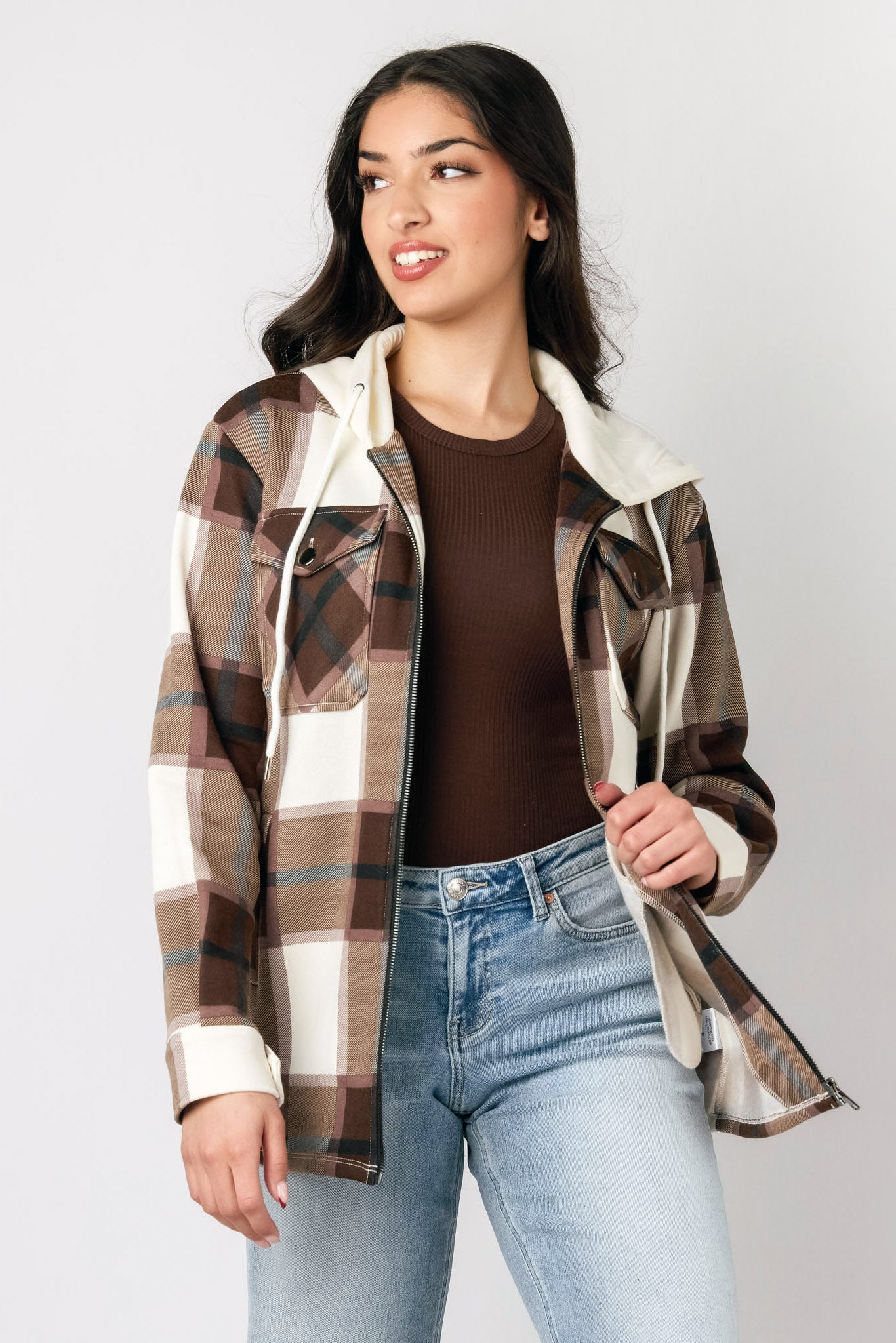 Brown Plaid Fleece Zip-Front Hooded Shirt