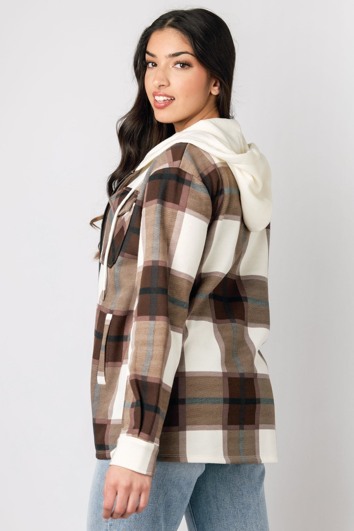 Brown Plaid Fleece Zip-Front Hooded Shirt
