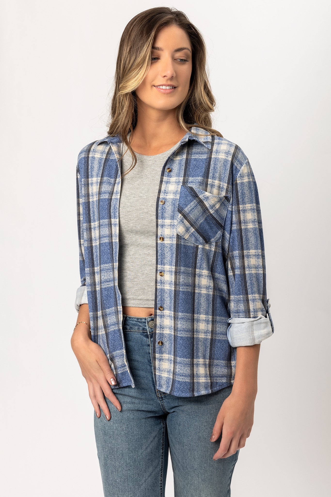Denim Plaid Long Sleeve Cozy Knit Shirt with Roll-up Sleeves