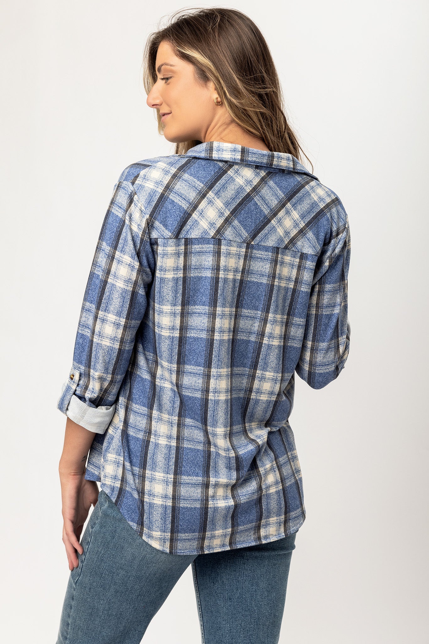 Denim Plaid Long Sleeve Cozy Knit Shirt with Roll-up Sleeves