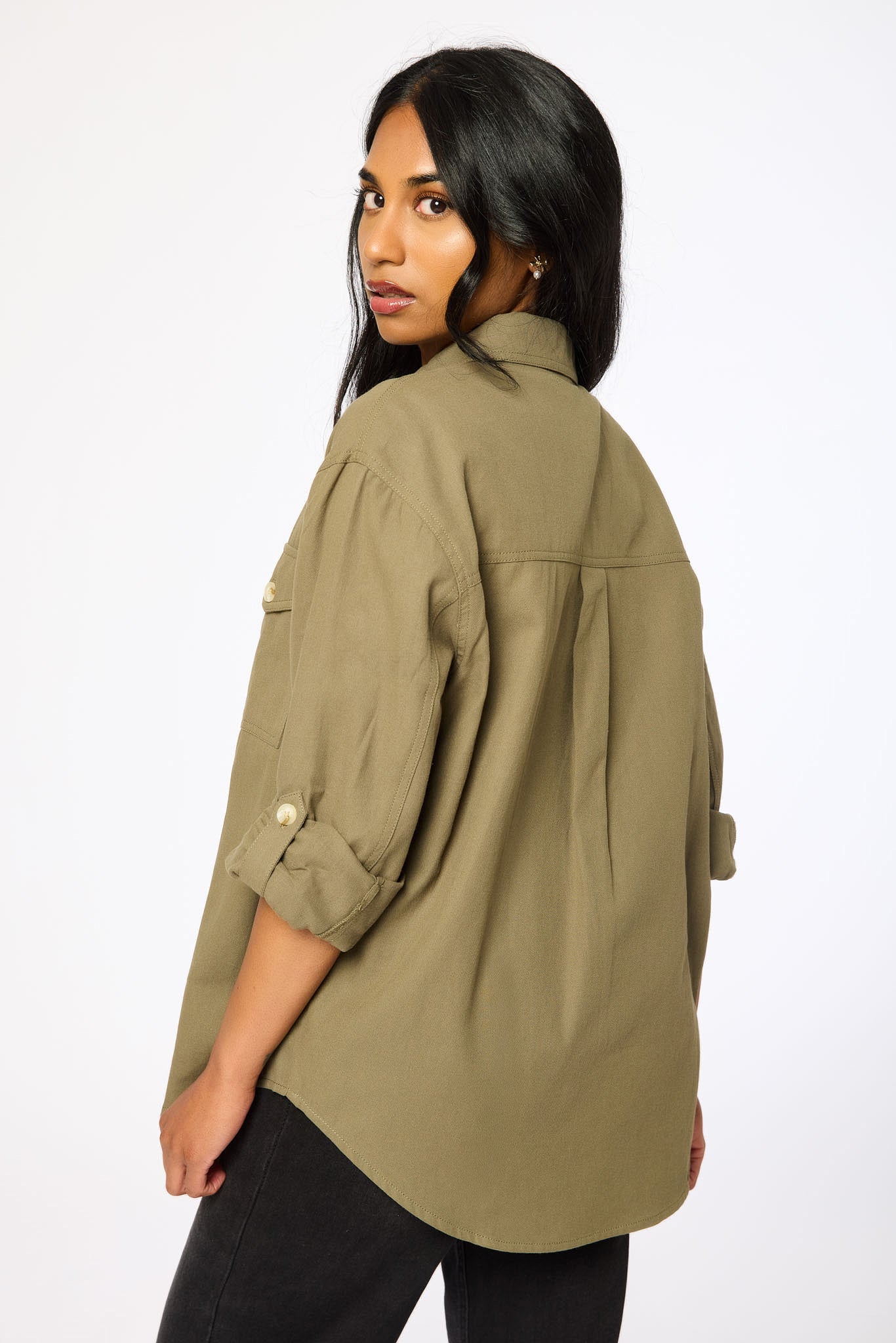 Cotton Twill Button-Up Shirt with Roll-Up Sleeves