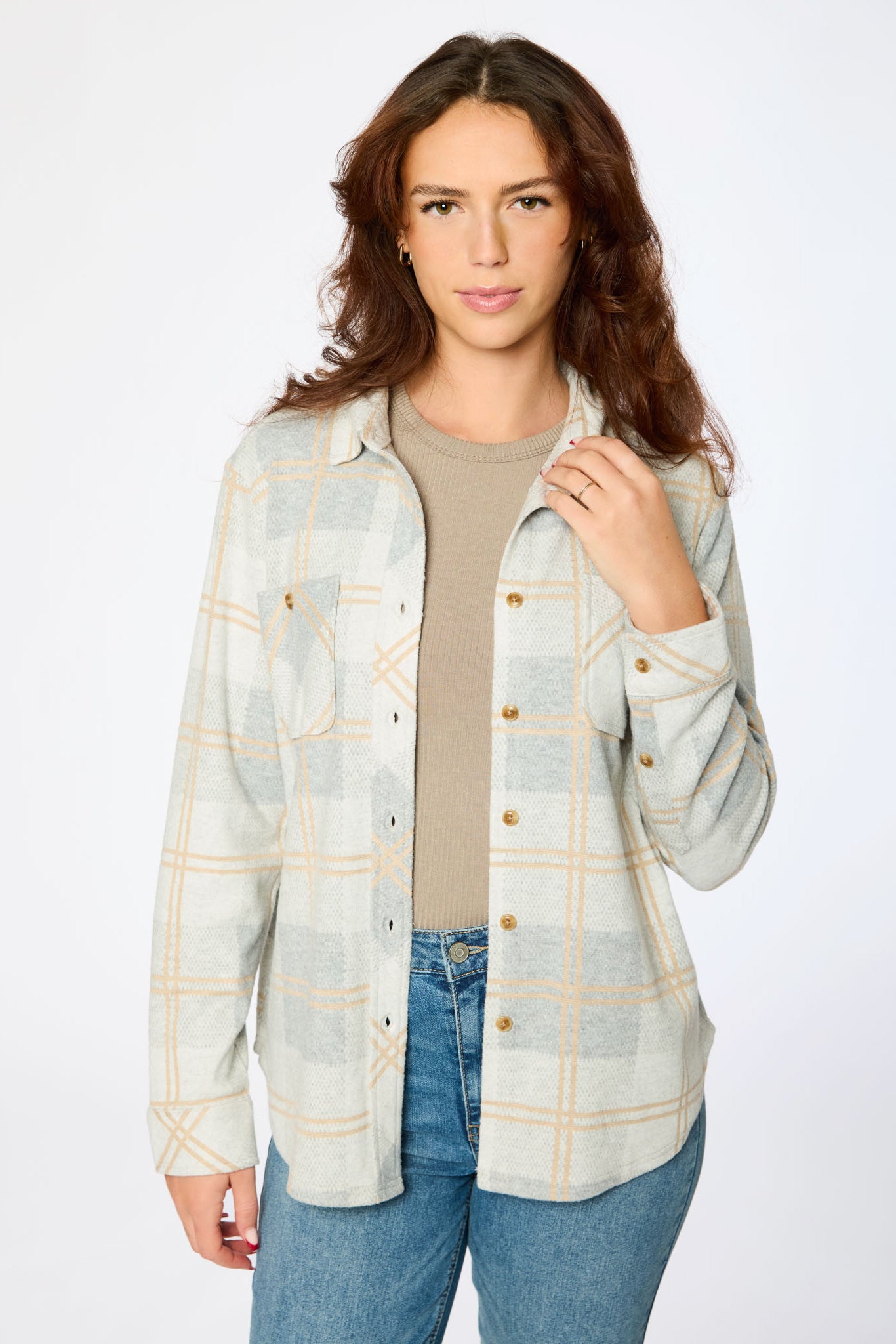 Chemise boutonnée en tricot brossé à carreaux