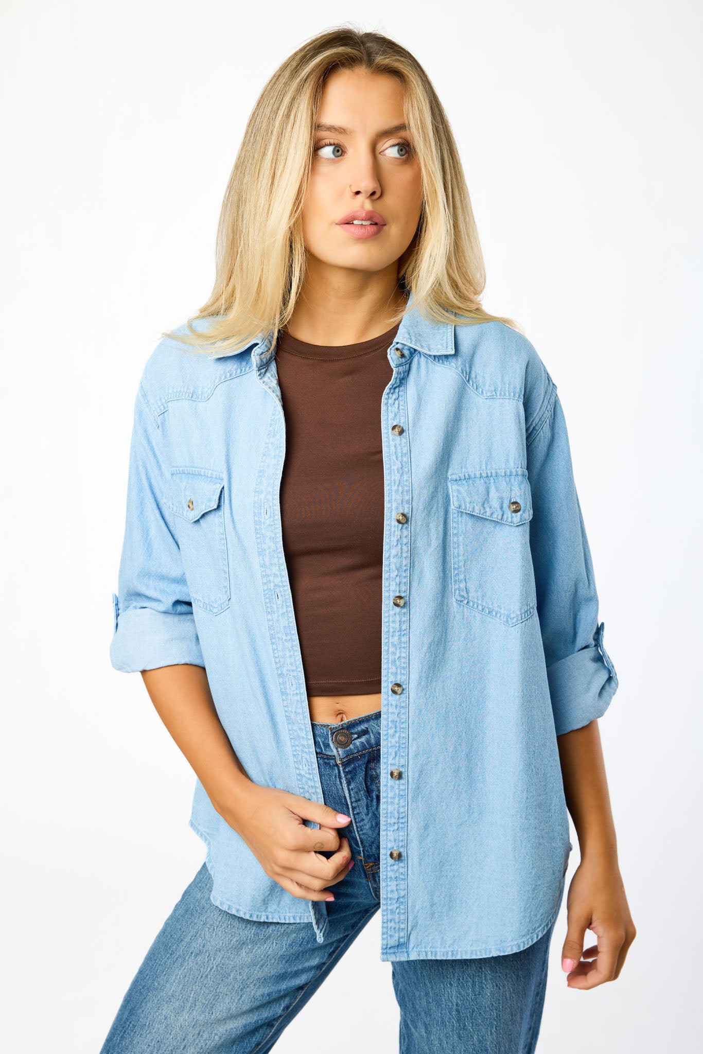 Light Wash Denim Shirt with Roll-up Sleeves