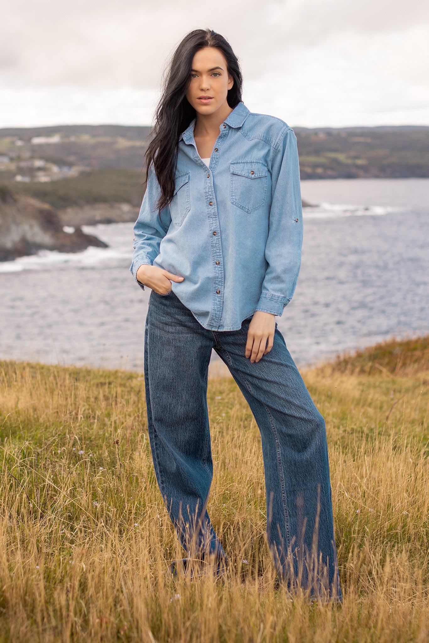 Light Wash Denim Shirt with Roll-up Sleeves