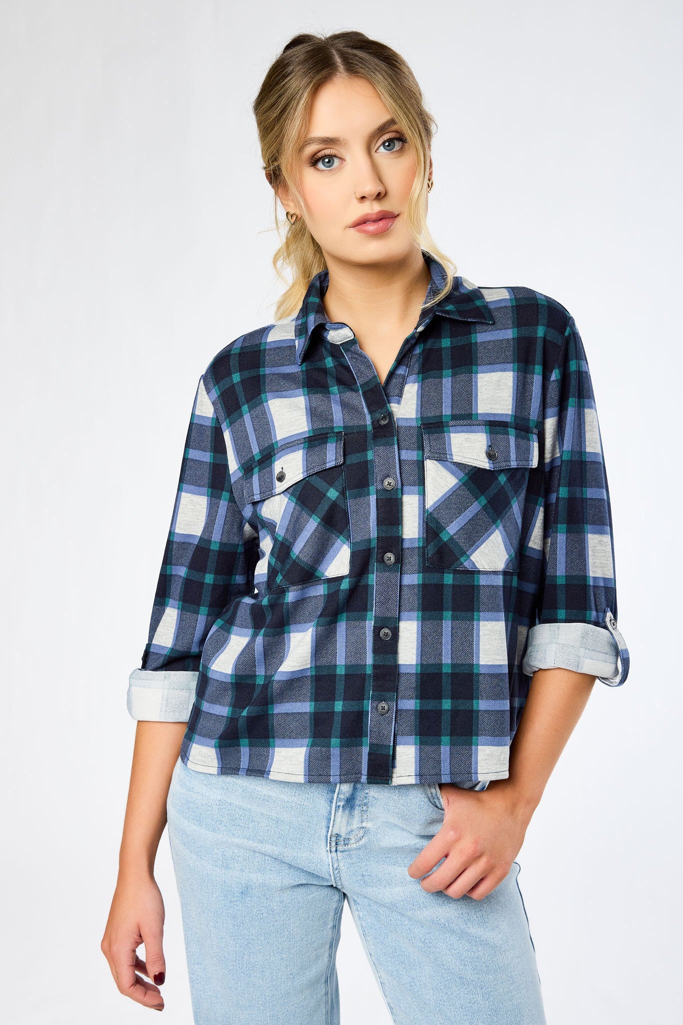 Plaid Cropped Button-Up Shirt with Chest Pockets – Eclipse