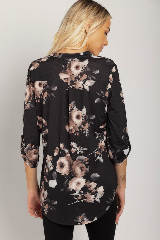 Dark Floral Half-Placket Blouse with Roll-Up Sleeves