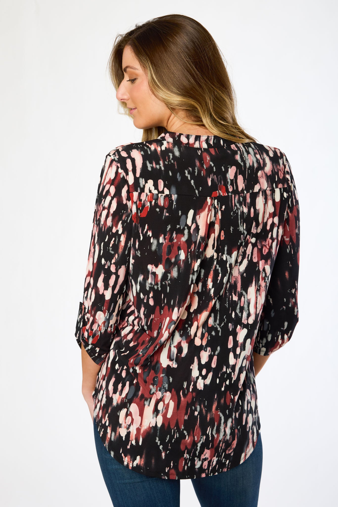 Abstract Puff Print V-Neck 3/4 Sleeve Blouse