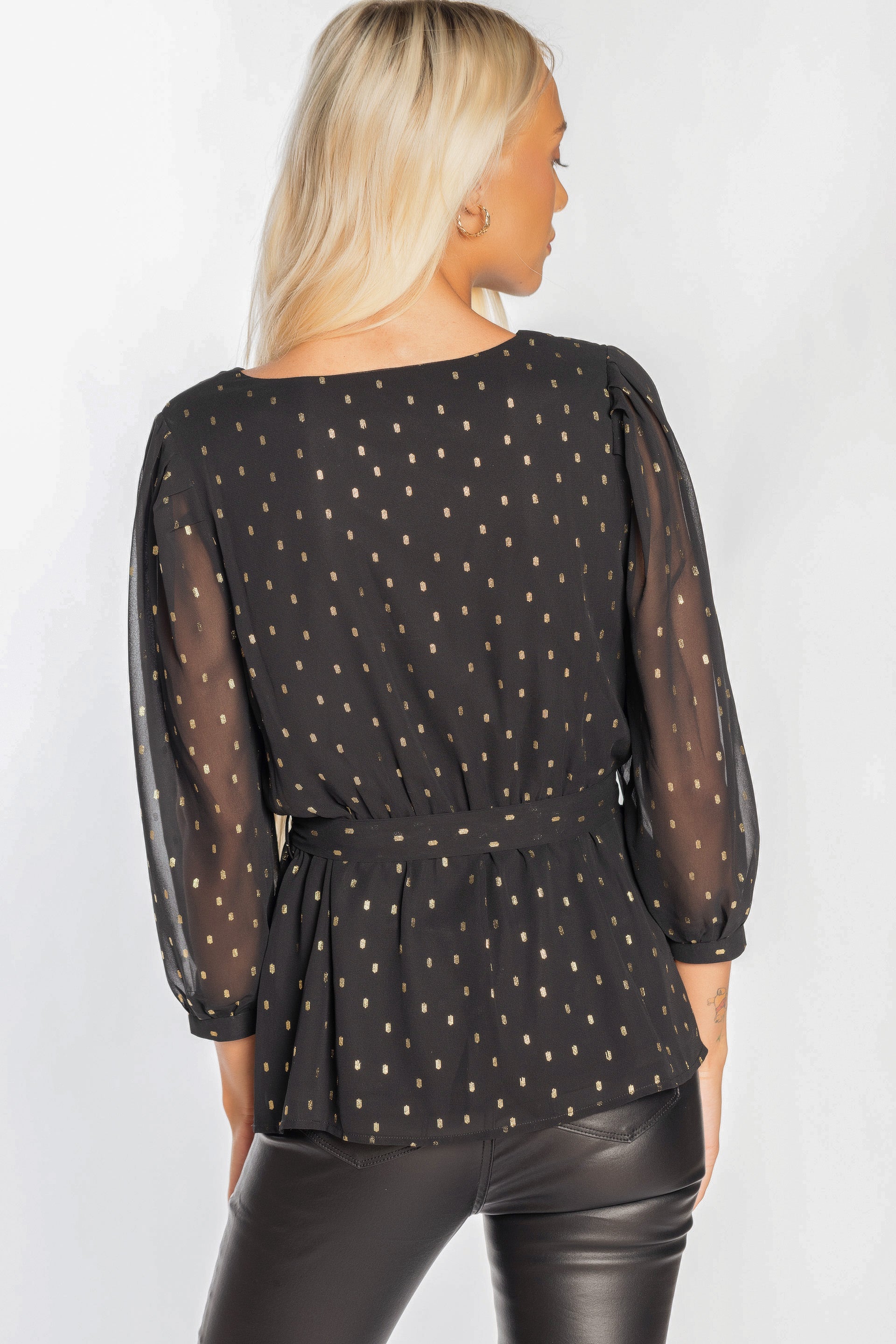 Foil Chiffon Crossover Blouse with Tie-Belt
