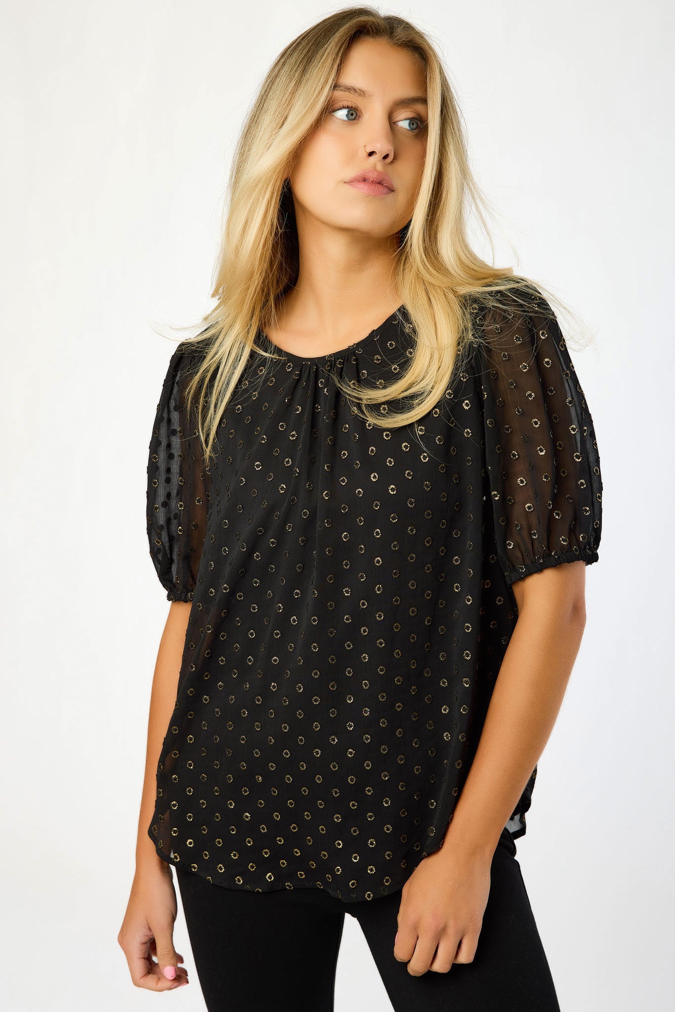 Textured Foil Dot Puff-Sleeve Blouse