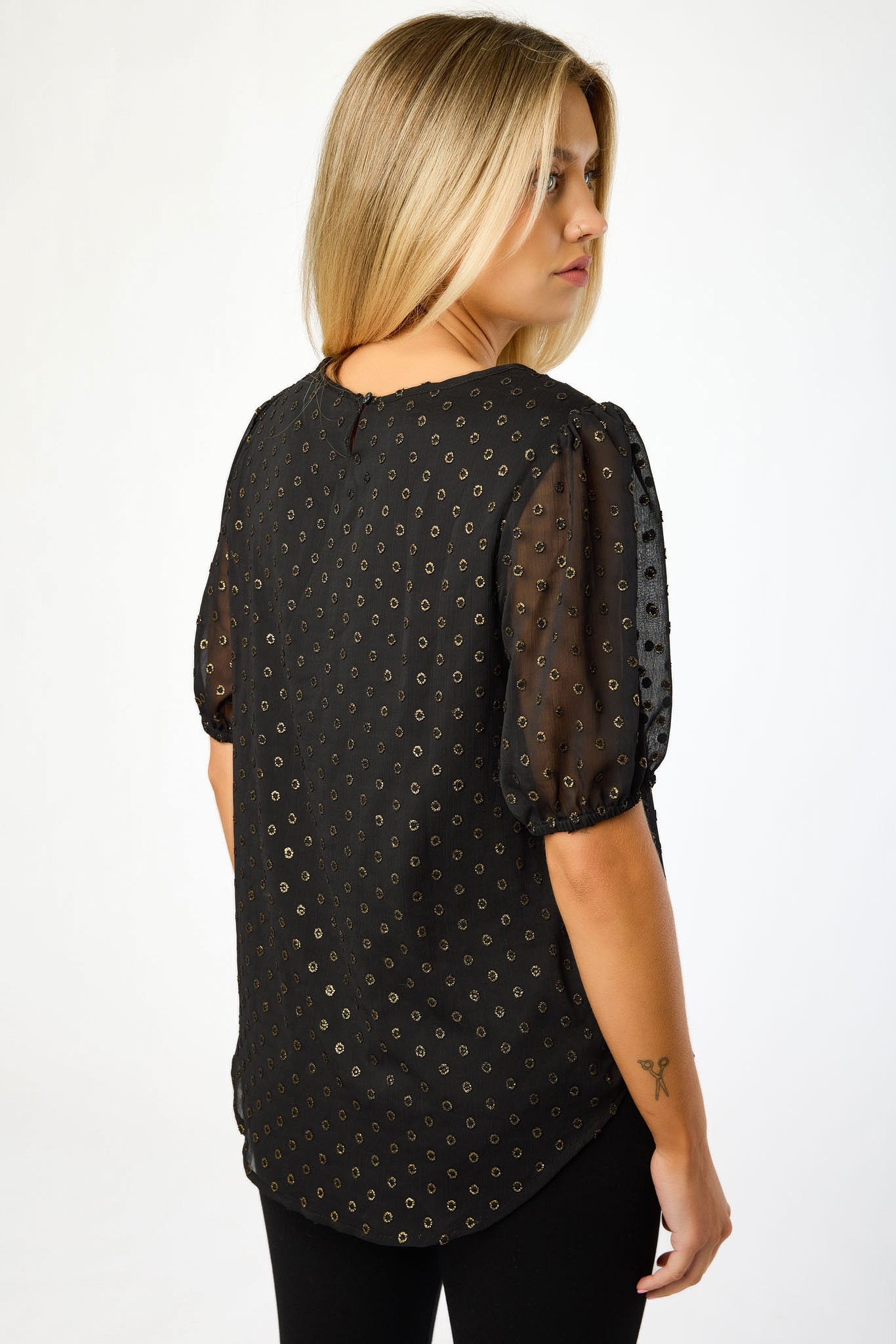 Textured Foil Dot Puff-Sleeve Blouse