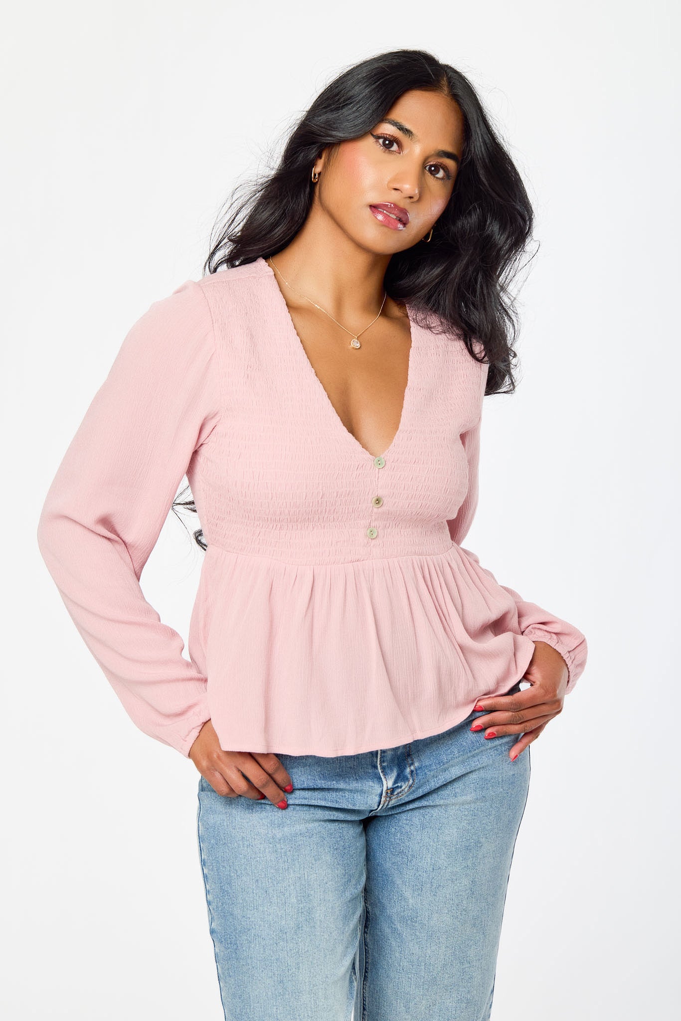 Smocked Long Sleeve Rayon Gauze Babydoll Top – Eclipse