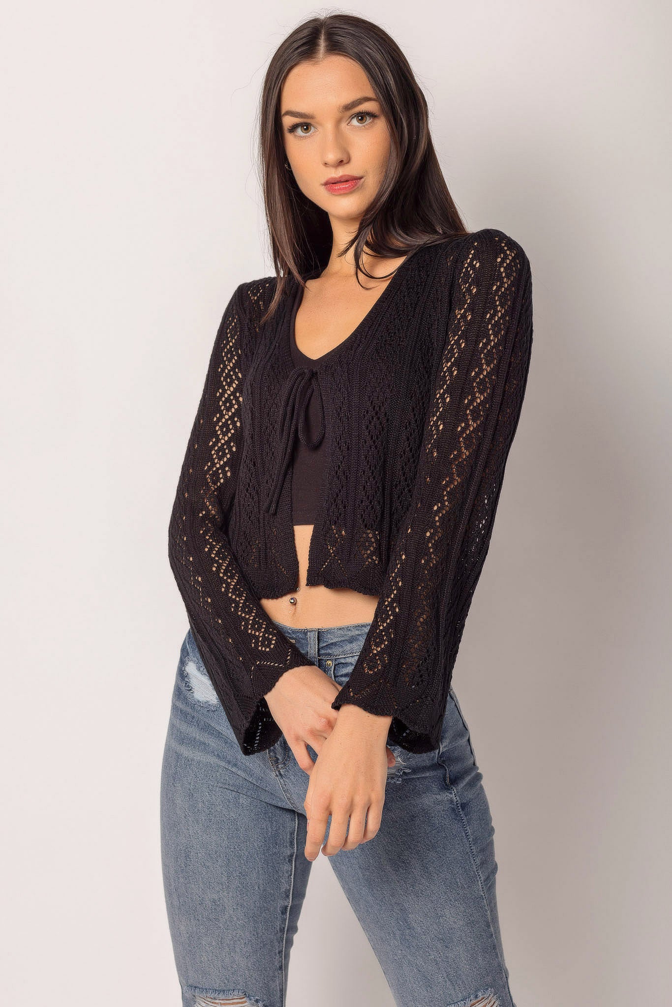 Pointelle Bell Sleeve Tie-Front Cardigan