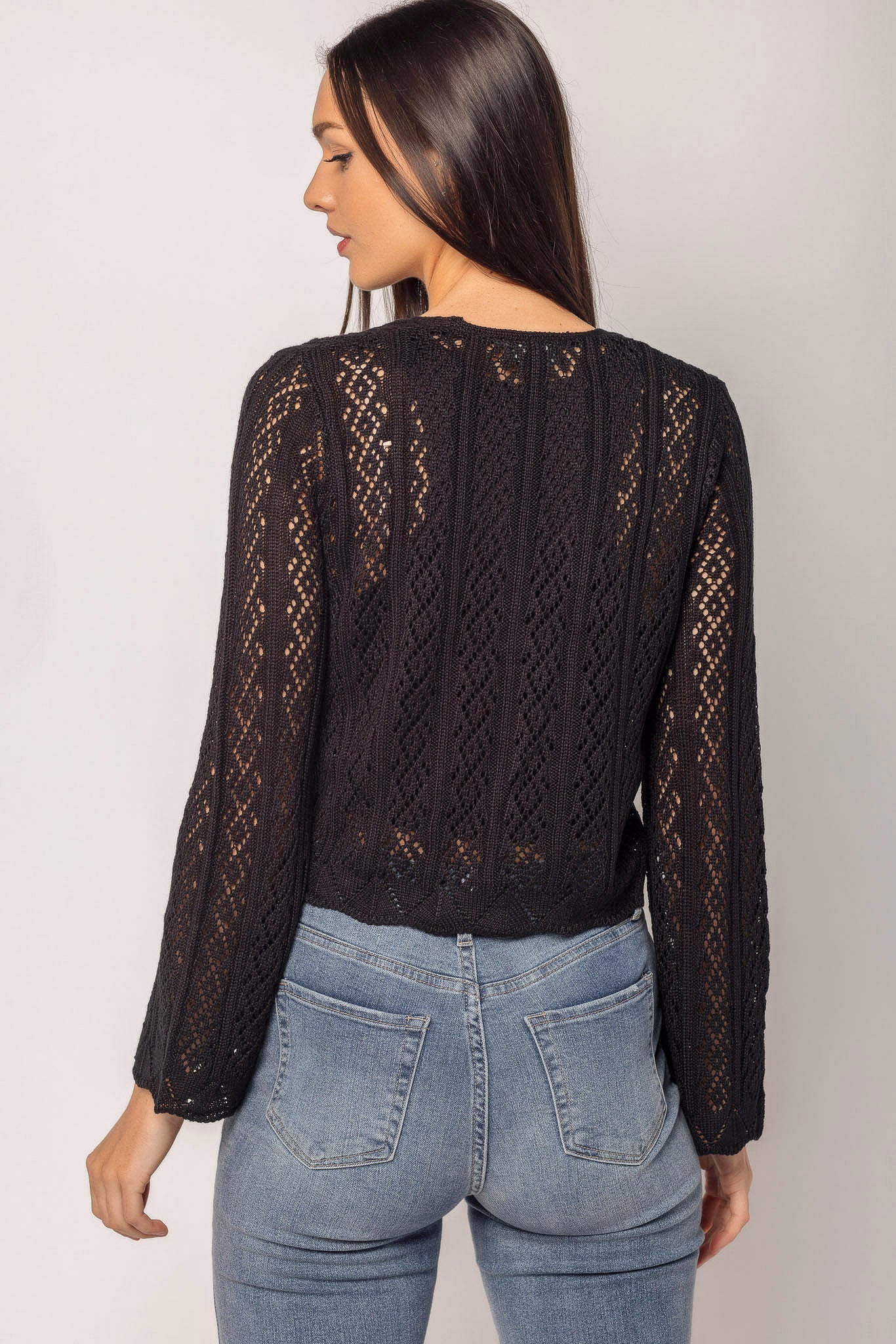Pointelle Bell Sleeve Tie-Front Cardigan