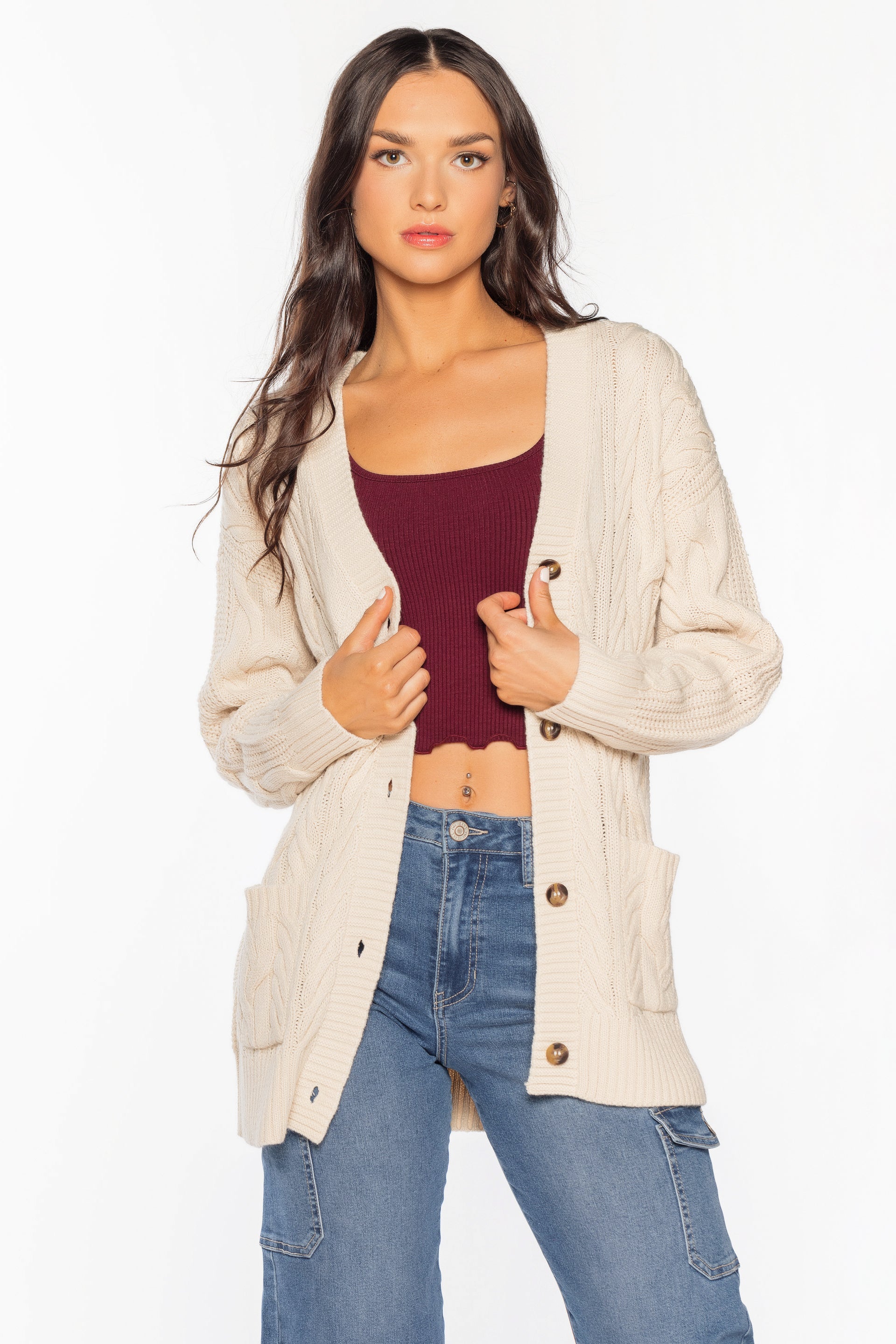 Cardigan grand-père en tricot torsadé