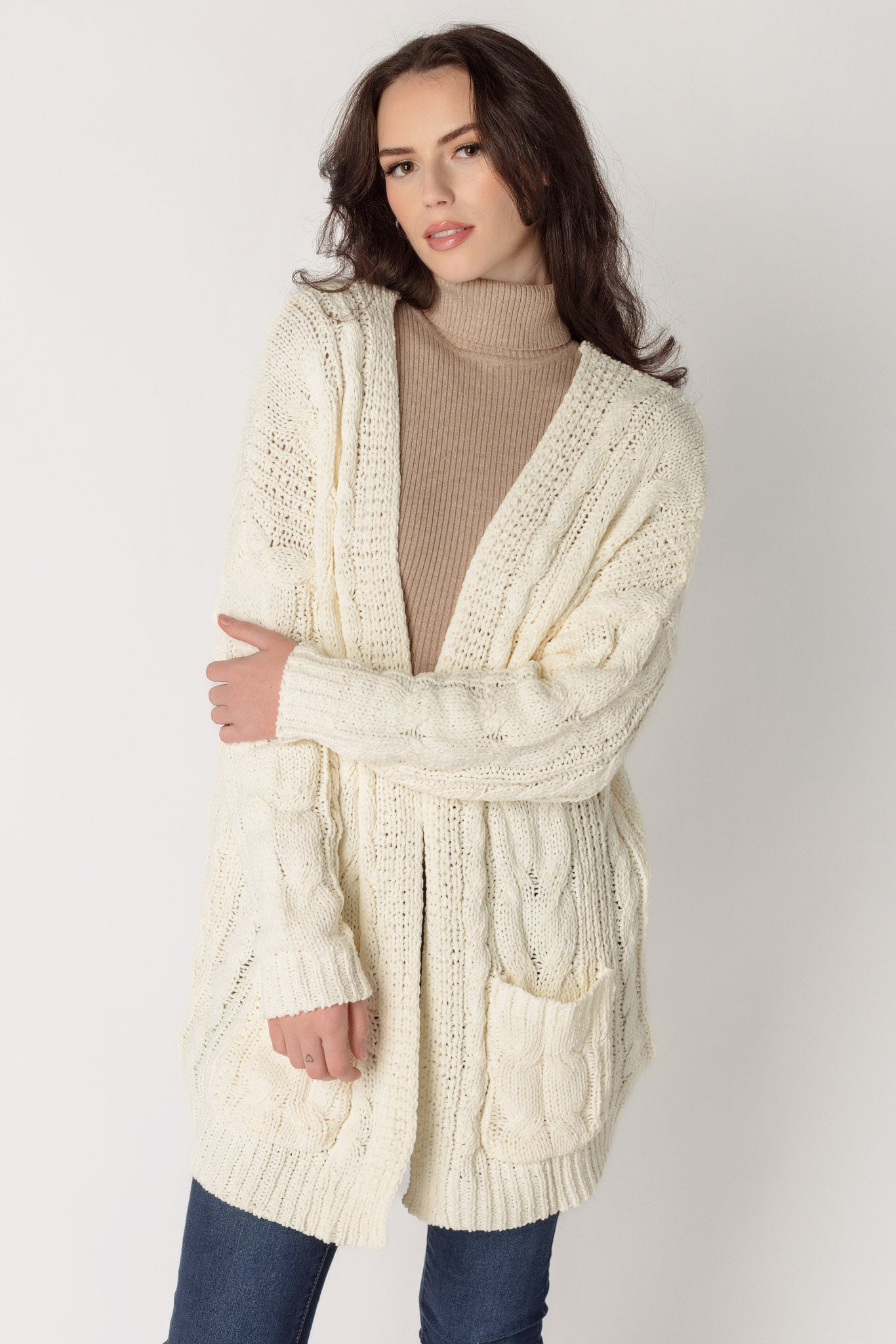 Cardigan ouvert en tricot torsadé en chenille