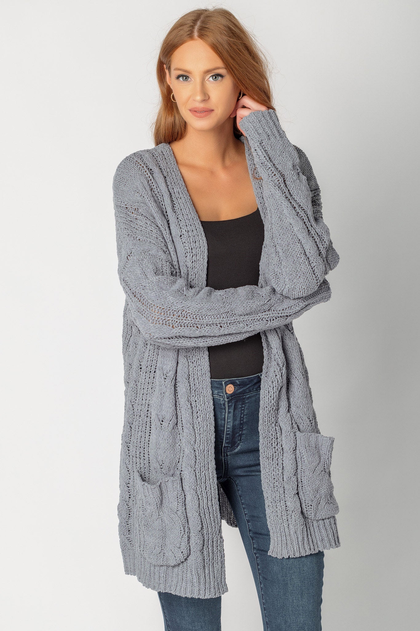 Cardigan ouvert en tricot torsadé en chenille