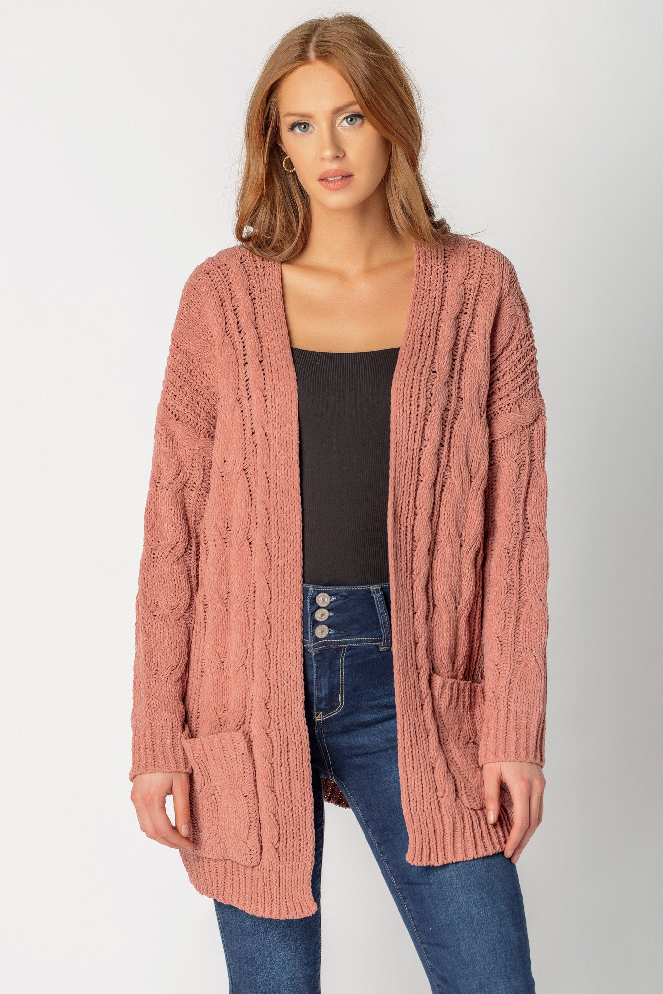 Cardigan ouvert en tricot torsadé en chenille