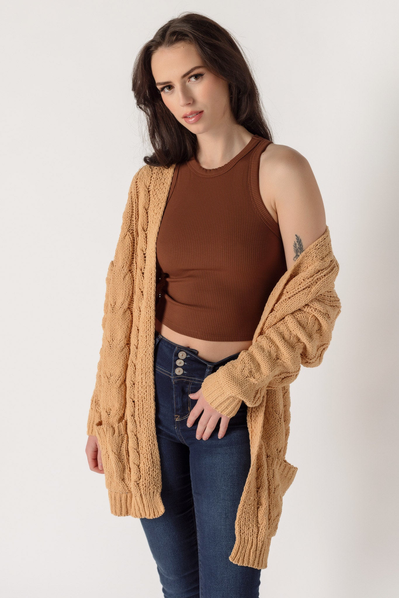Cardigan ouvert en tricot torsadé en chenille