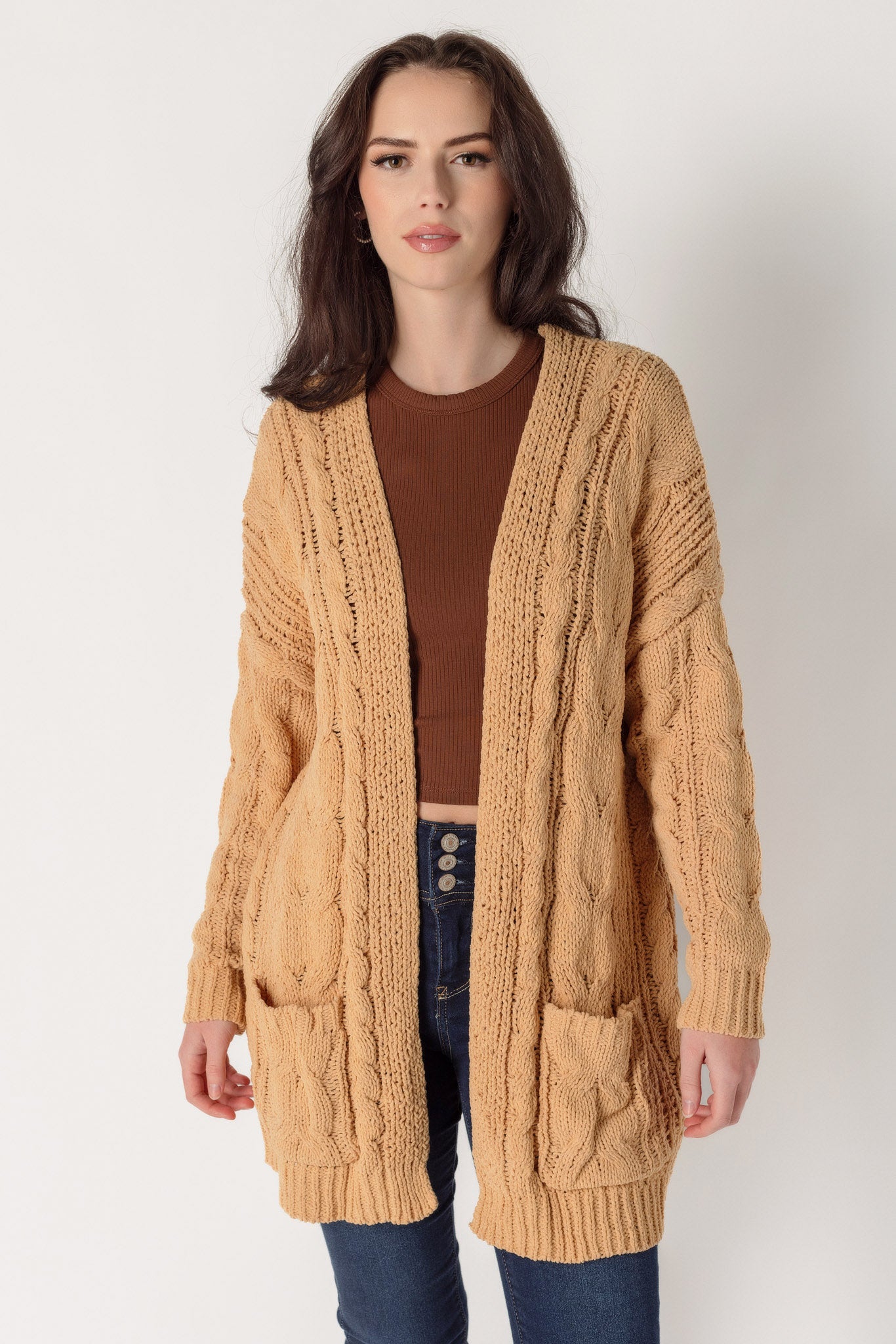 Cardigan ouvert en tricot torsadé en chenille