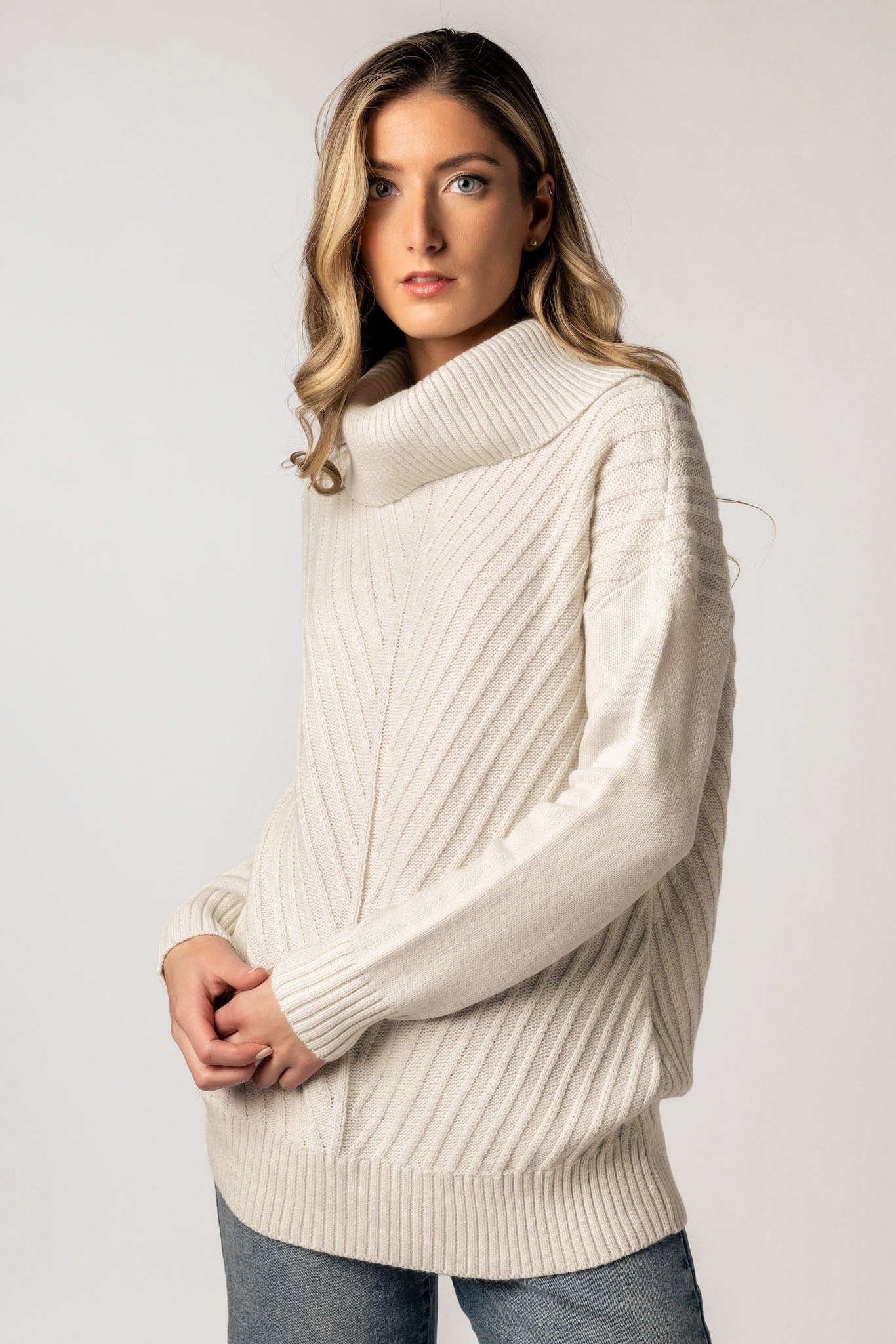 Mitered Turtleneck Pullover Sweater
