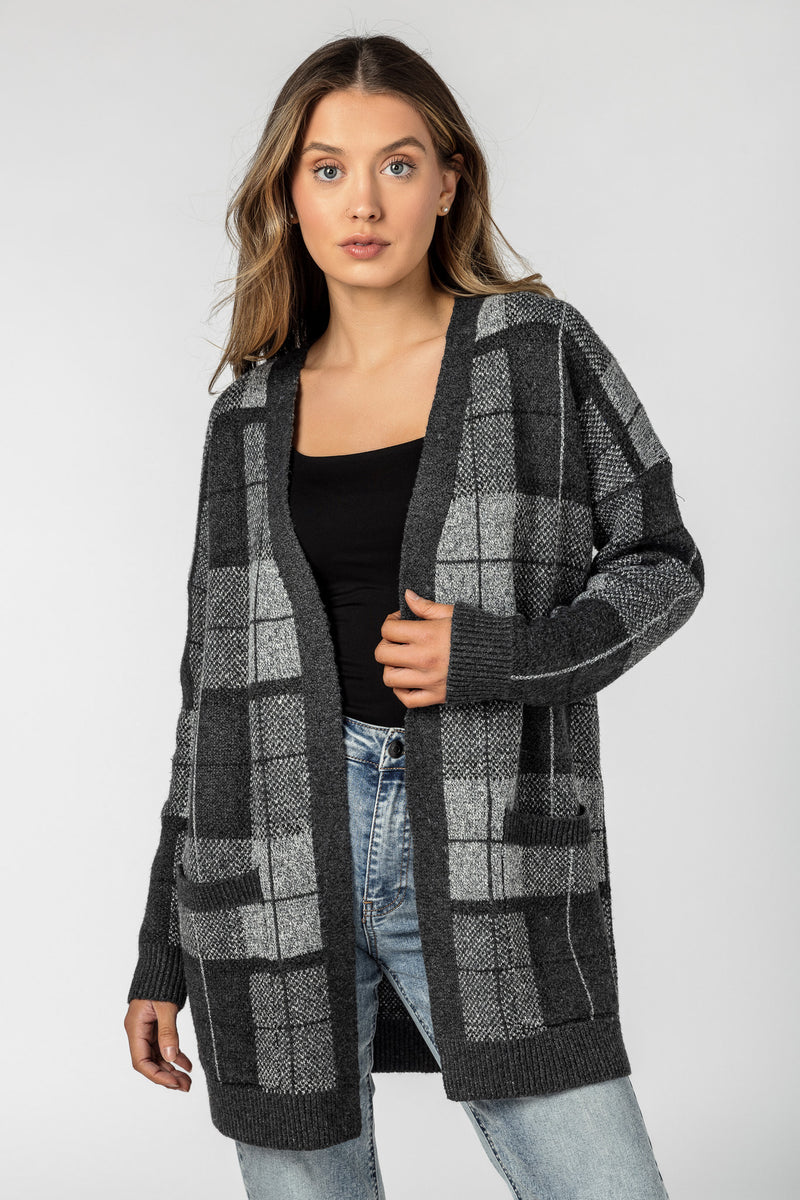 Plaid Open Cardigan with Pockets – Eclipse