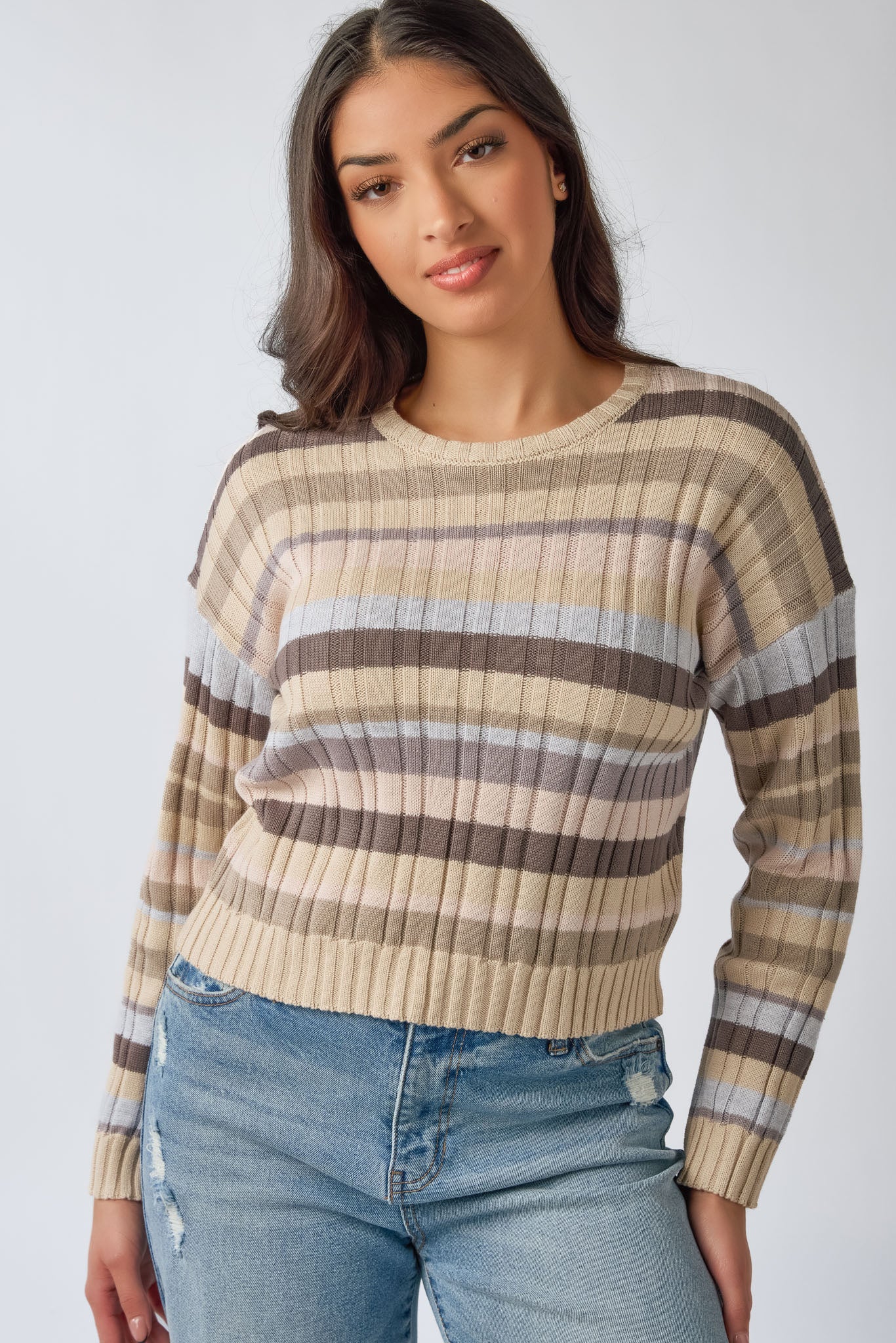 Stripe Rib Crop Pullover Sweater