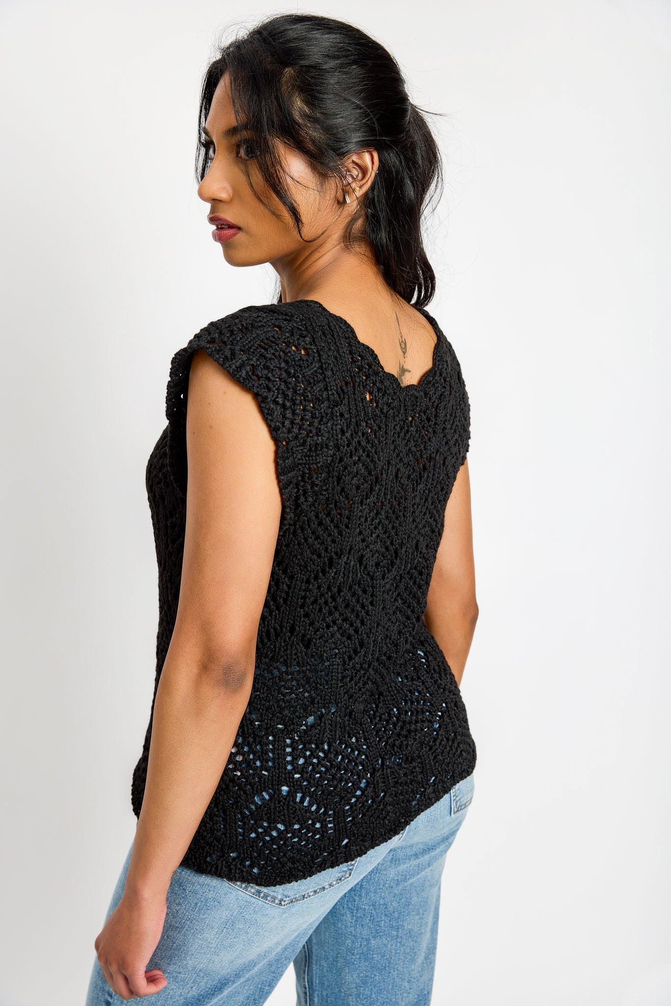Crochet Cap Sleeve V-Neck Sweater