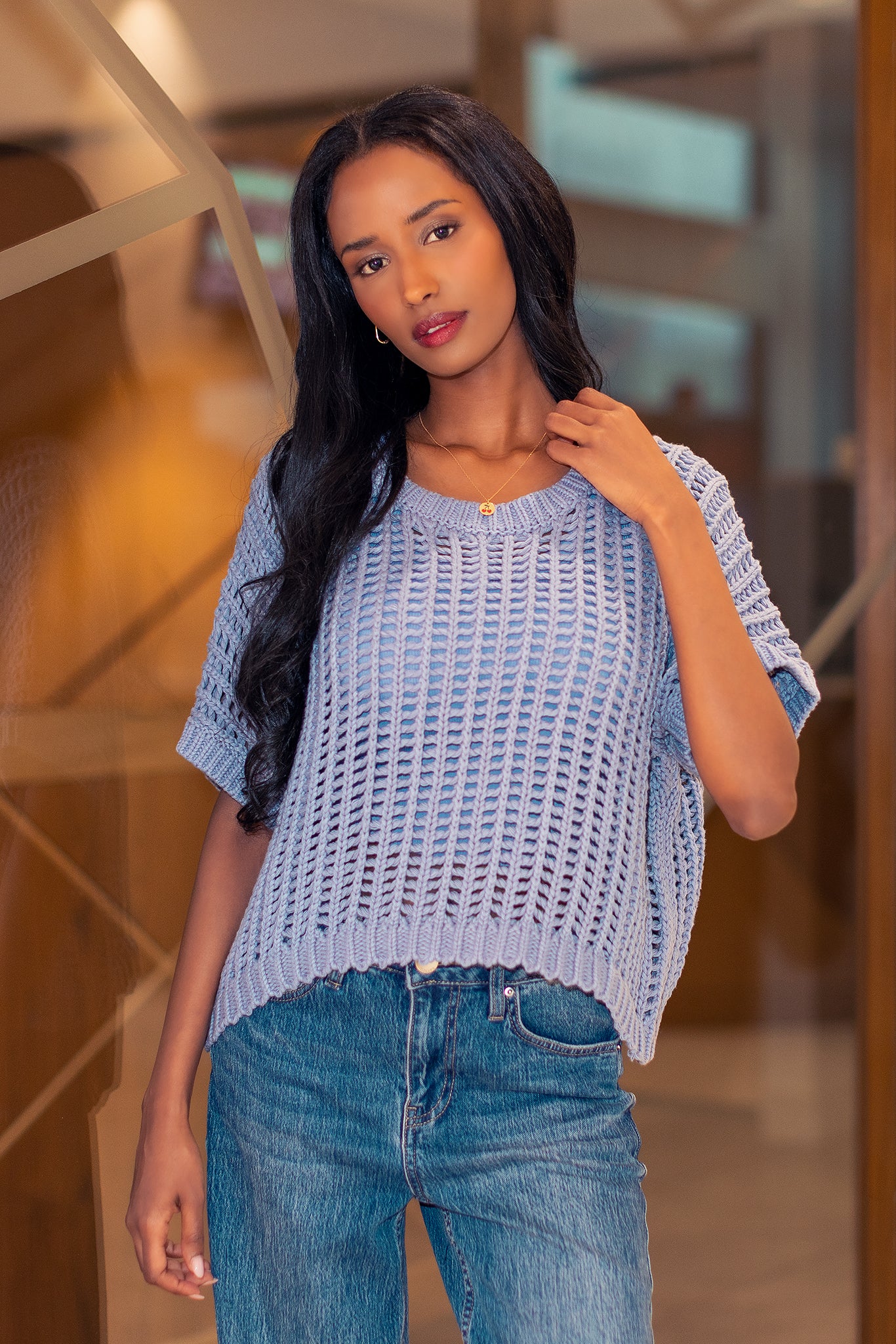 Oversized Openwork Short-Sleeve Sweater – Eclipse