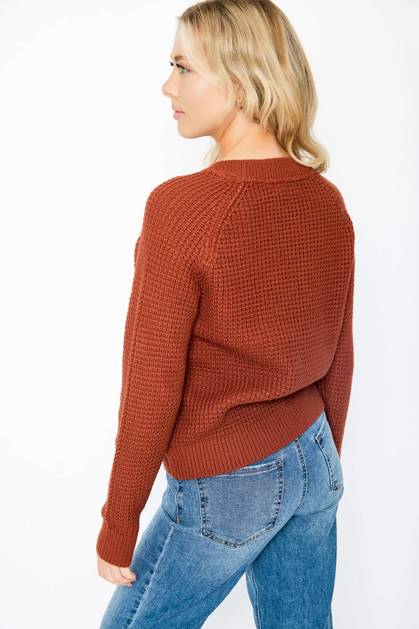 Chandail à couleur unie en tricot gaufré avec manches longues