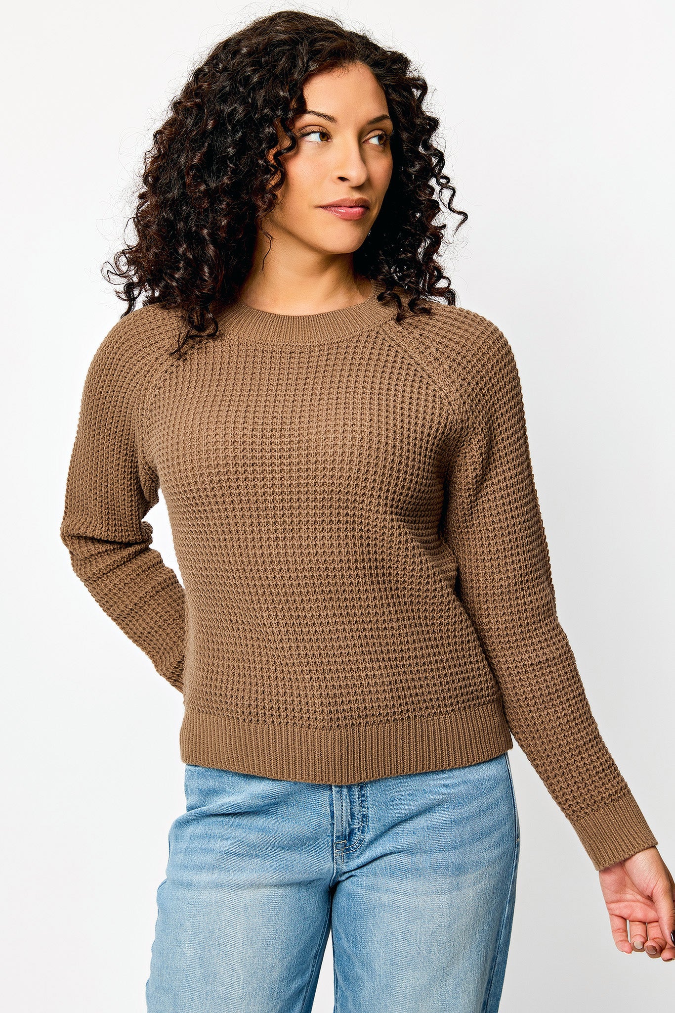 Solid Waffle-Knit Long Sleeve Sweater