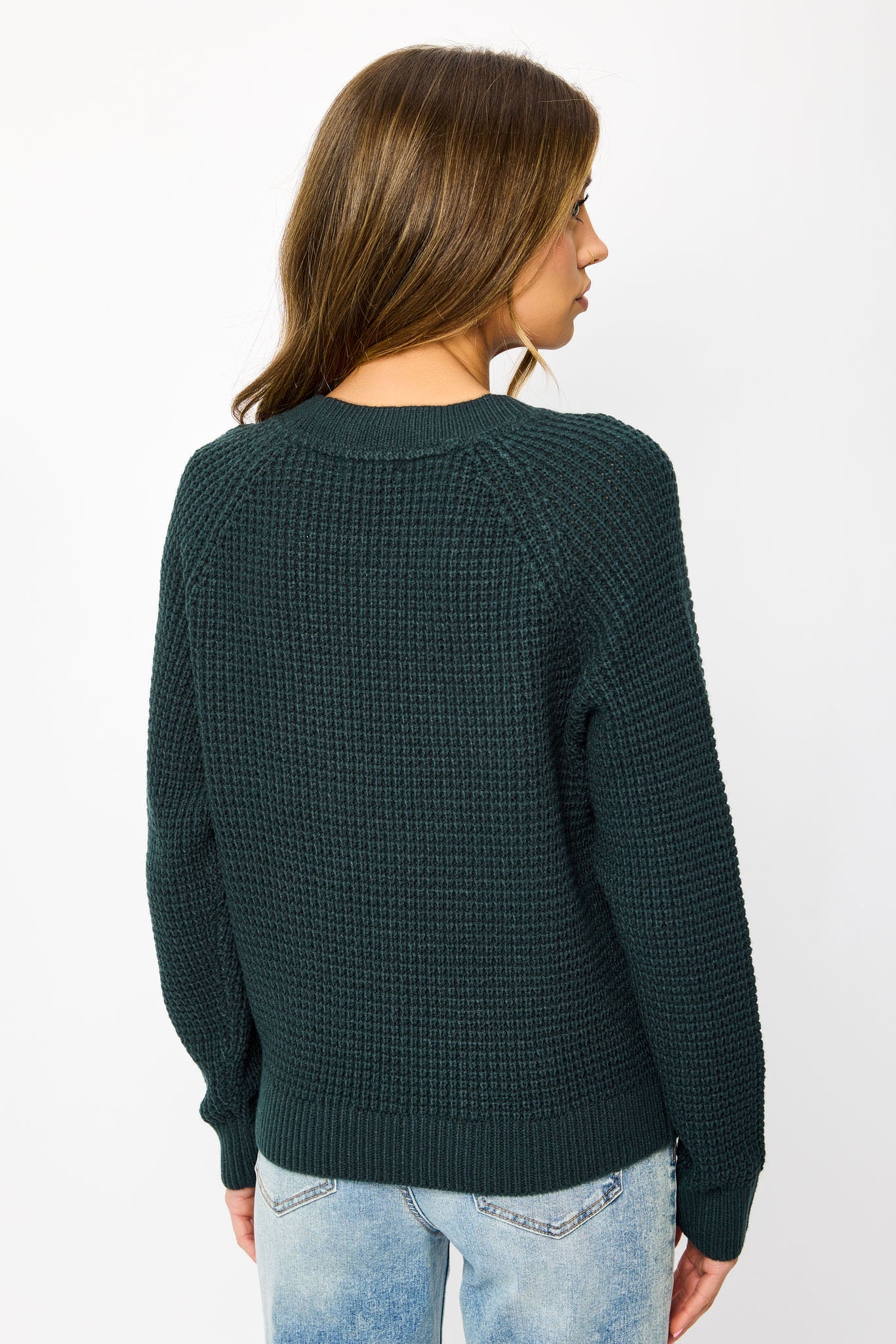 Solid Waffle-Knit Long Sleeve Sweater