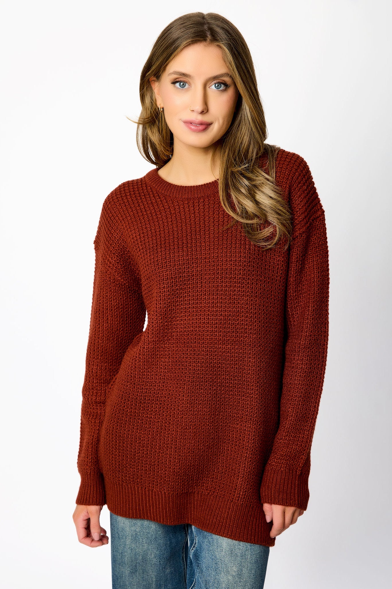 Tunic-Length Waffle-Knit Sweater