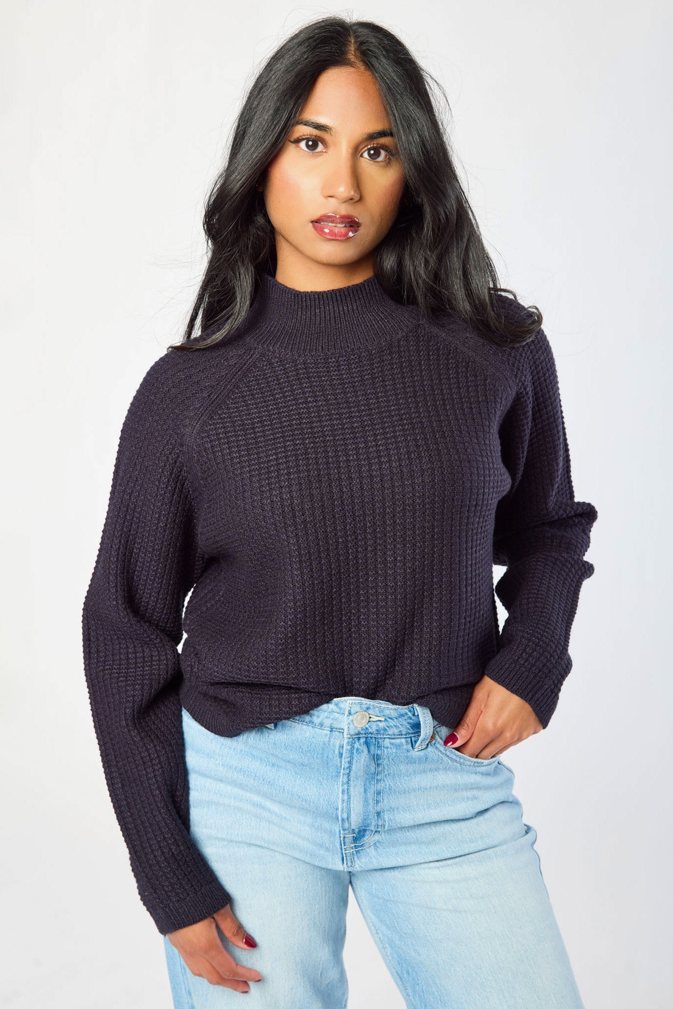Waffle-Knit Mock-Neck Sweater