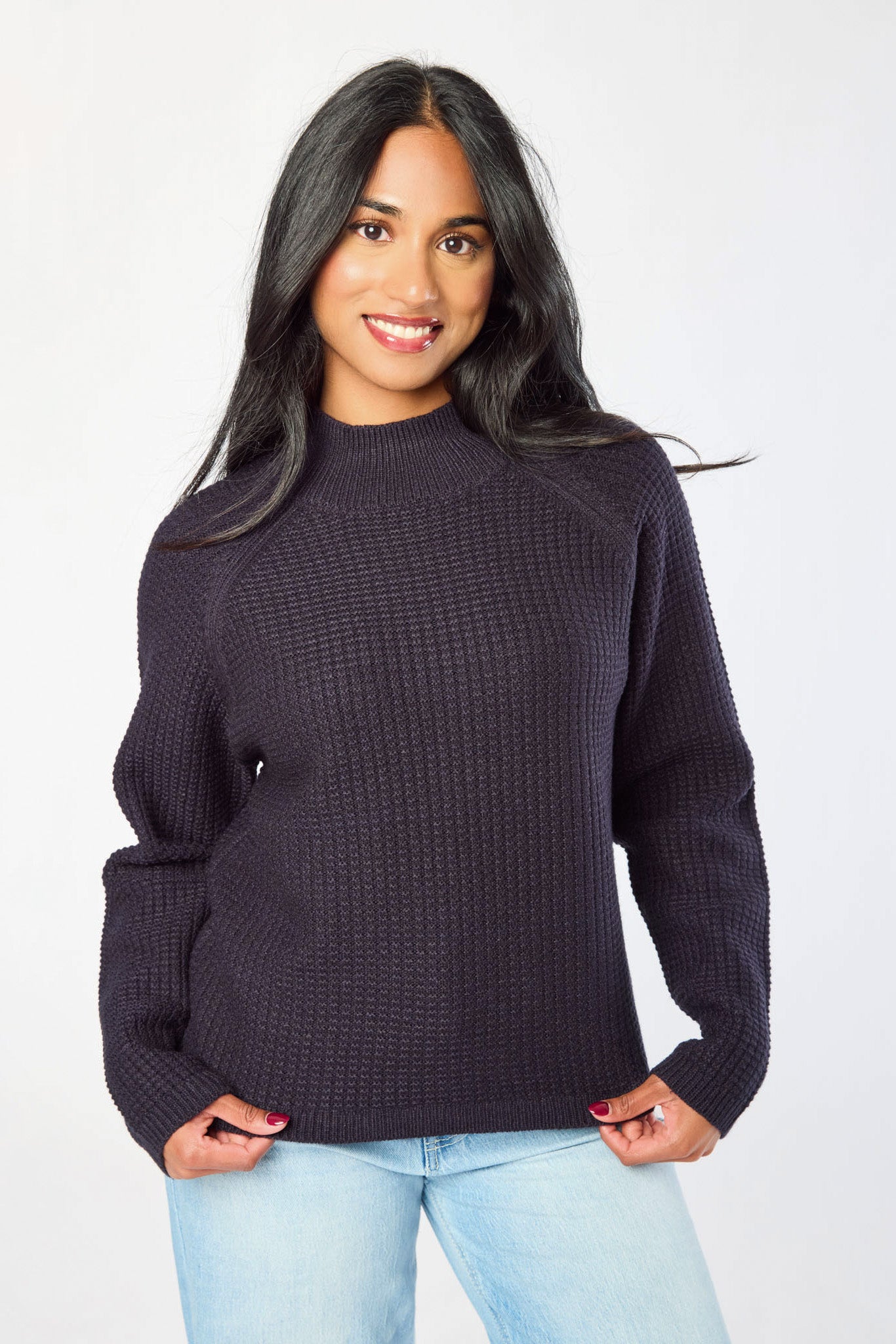 Waffle-Knit Mock-Neck Sweater