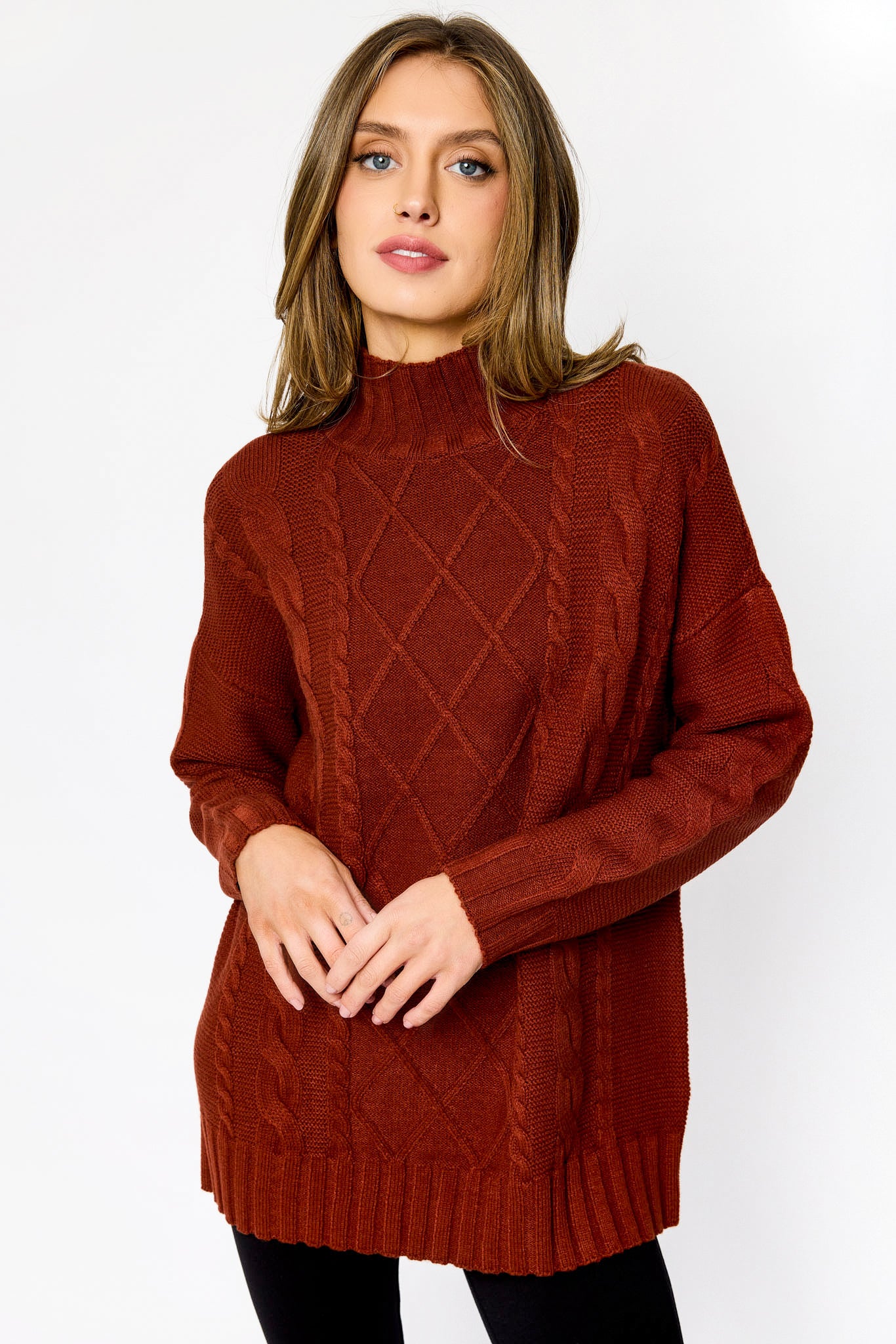 Mock-Neck Cable-Knit Sweater