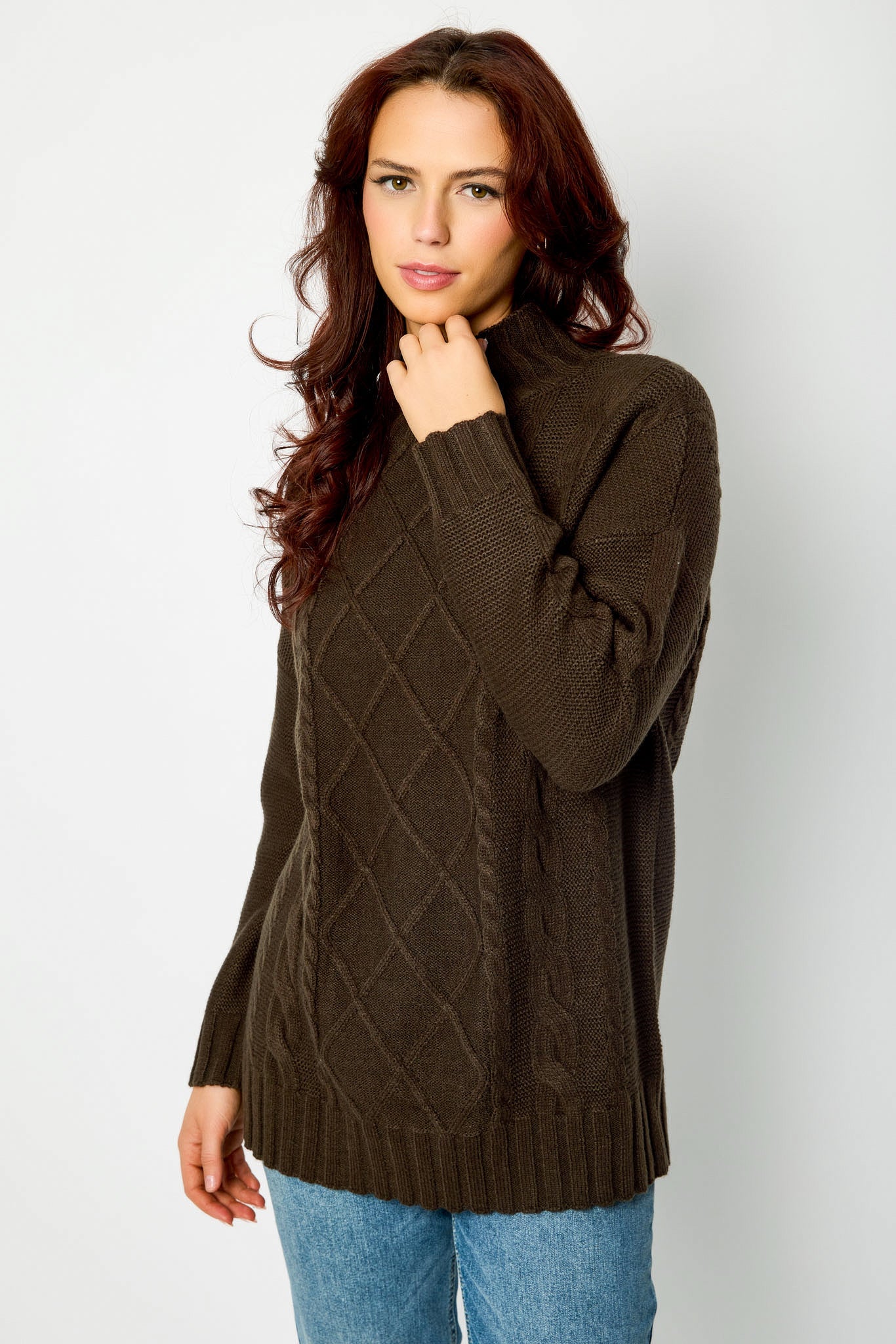 Mock-Neck Cable-Knit Sweater