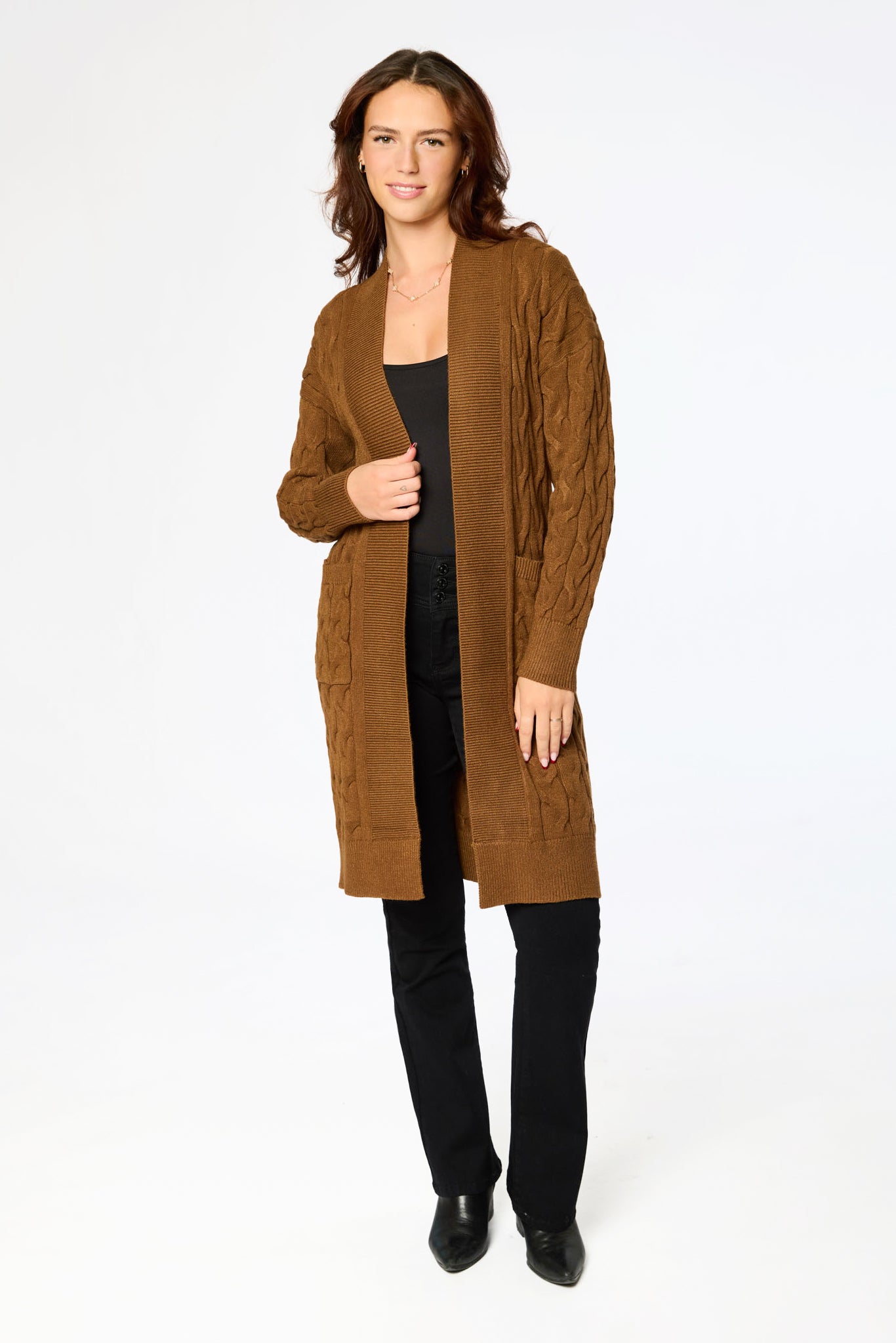 Long Cable Knit Cardigan with Pockets