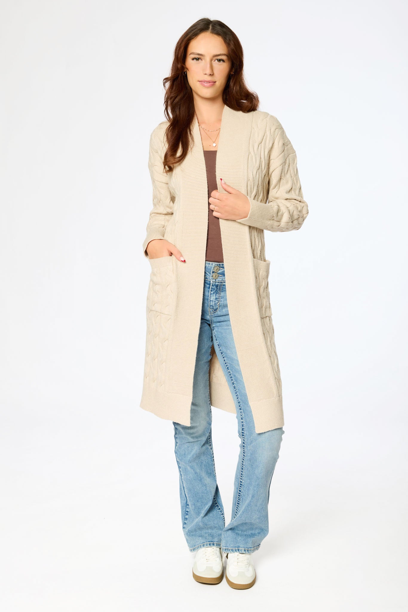 Long Cable Knit Cardigan with Pockets