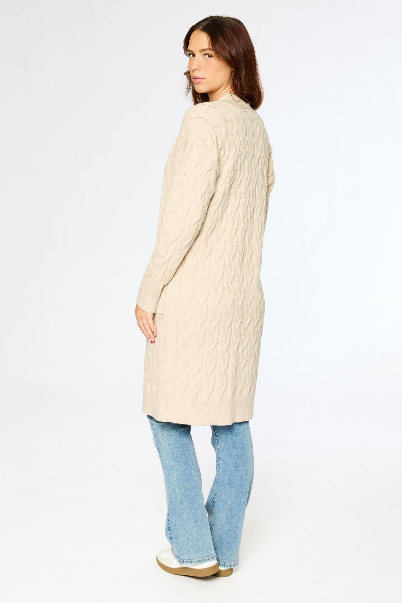 Long Cable Knit Cardigan with Pockets