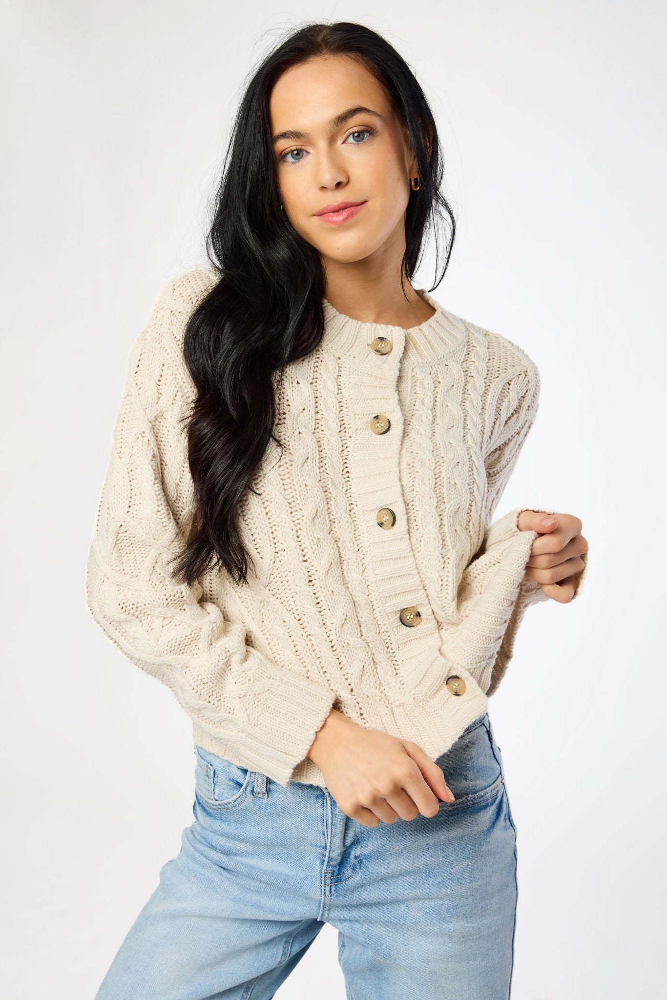 Crew-Neck Long-Sleeve Button-Front Cable-Knit Cardigan