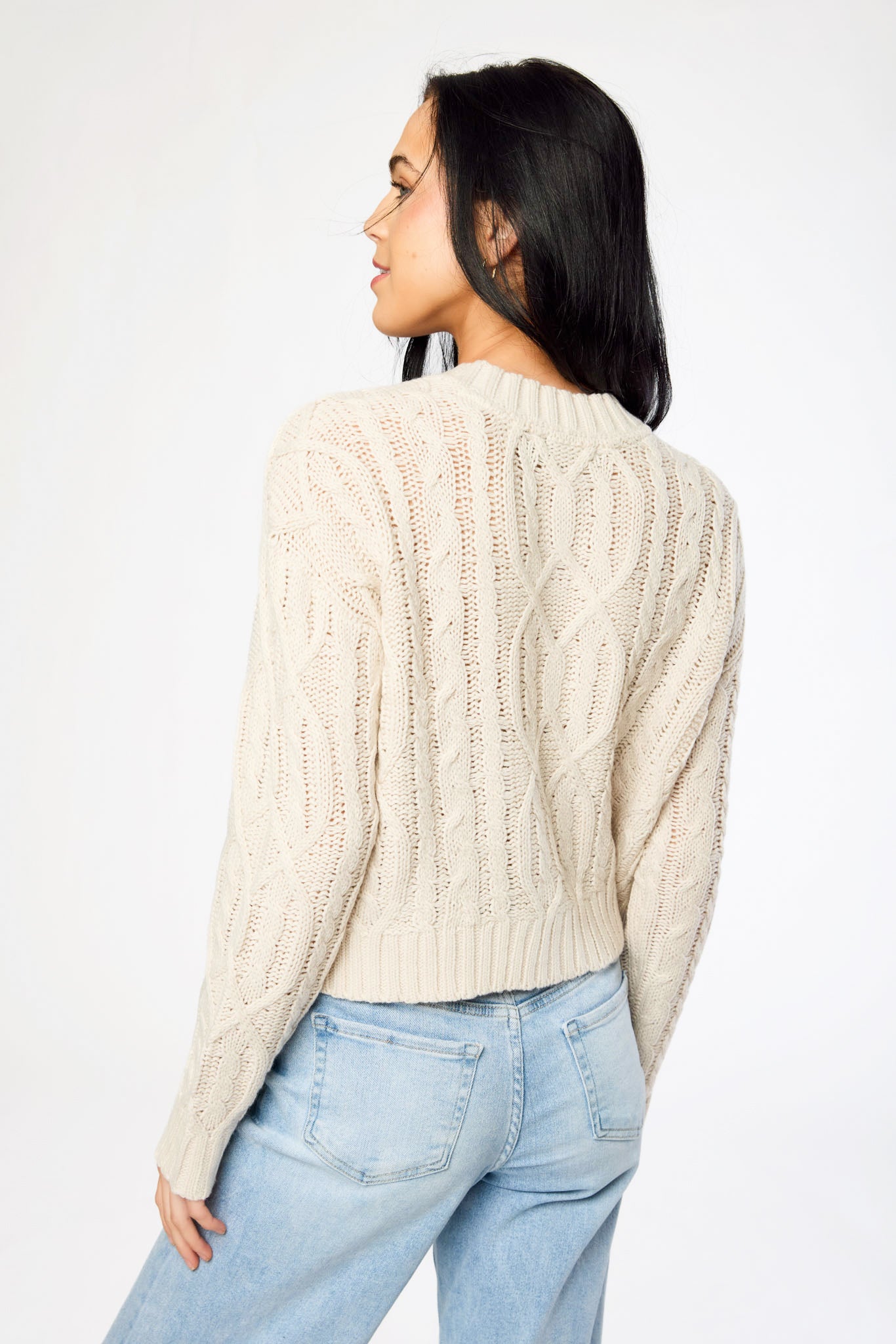 Crew-Neck Long-Sleeve Button-Front Cable-Knit Cardigan