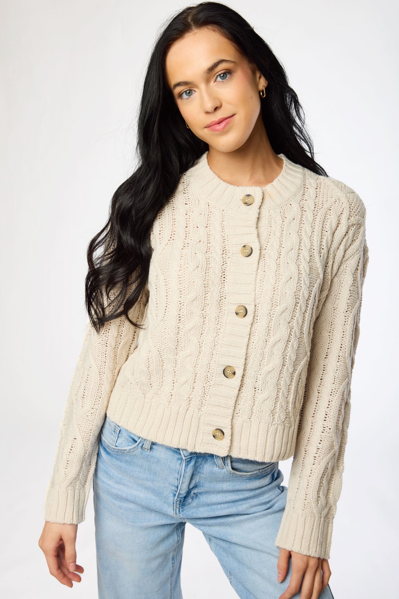 Crew-Neck Long-Sleeve Button-Front Cable-Knit Cardigan