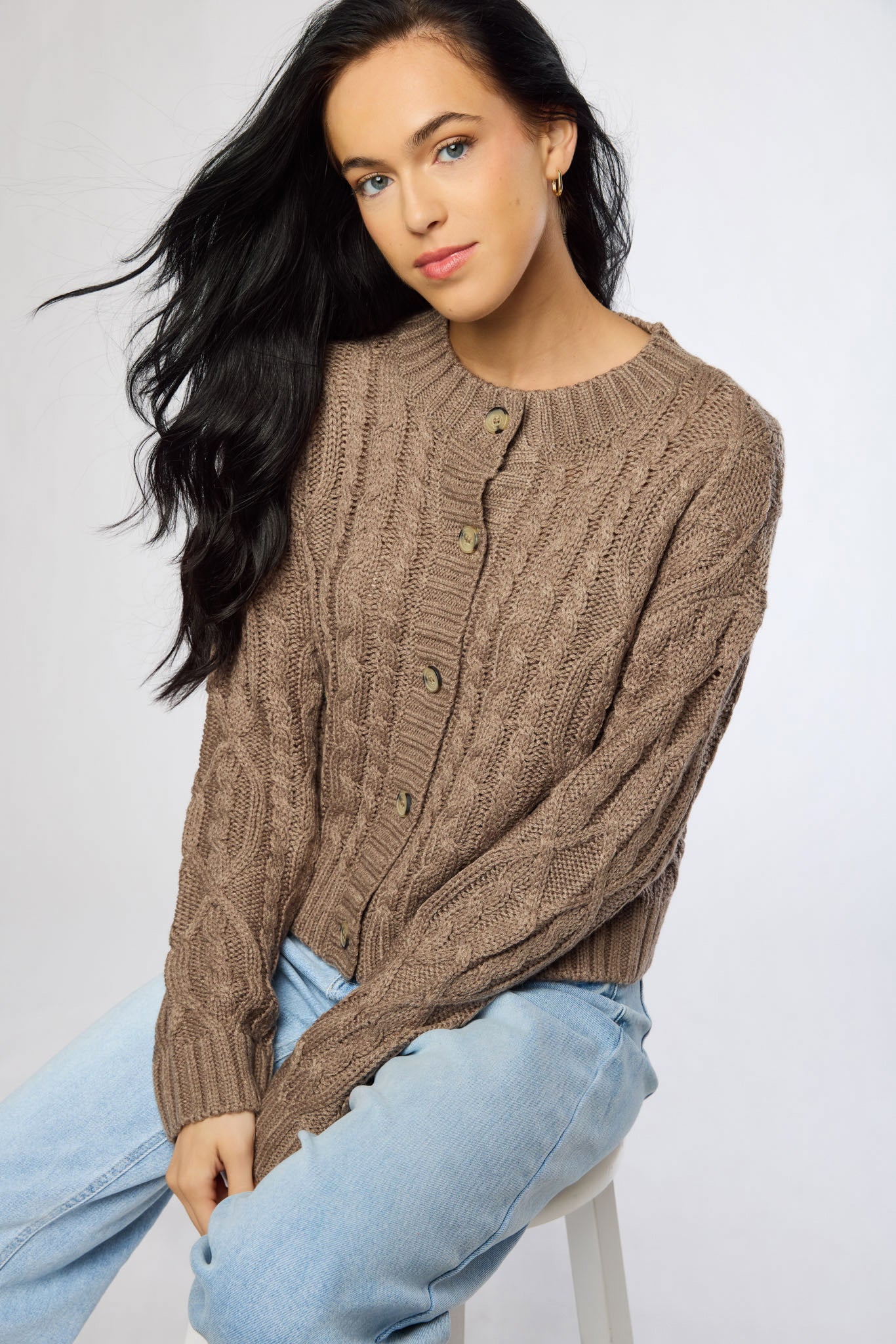 Crew-Neck Long-Sleeve Button-Front Cable-Knit Cardigan