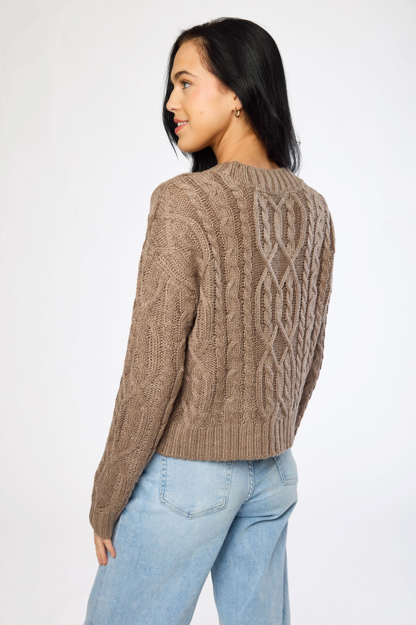 Crew-Neck Long-Sleeve Button-Front Cable-Knit Cardigan