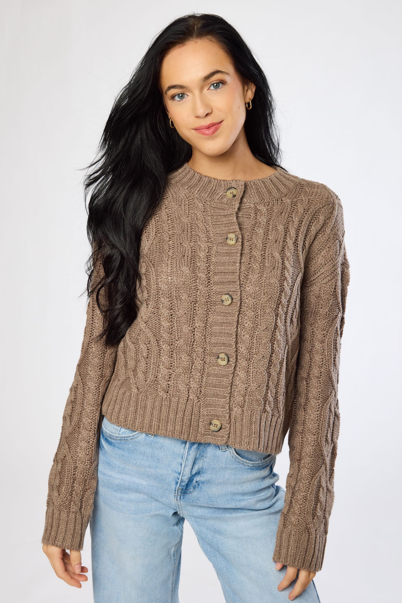 Crew-Neck Long-Sleeve Button-Front Cable-Knit Cardigan