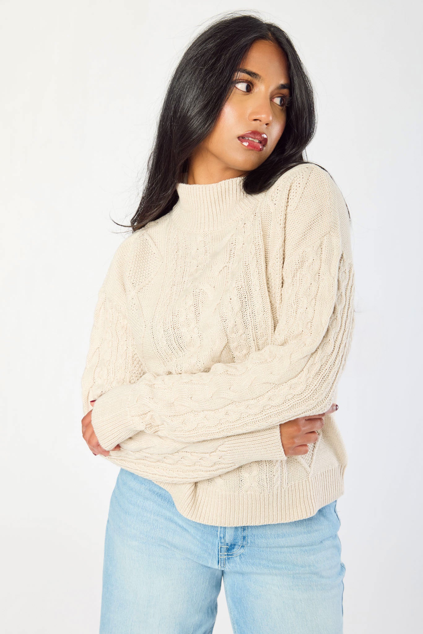 Mock-Neck Long-Sleeve Cable-Knit Sweater
