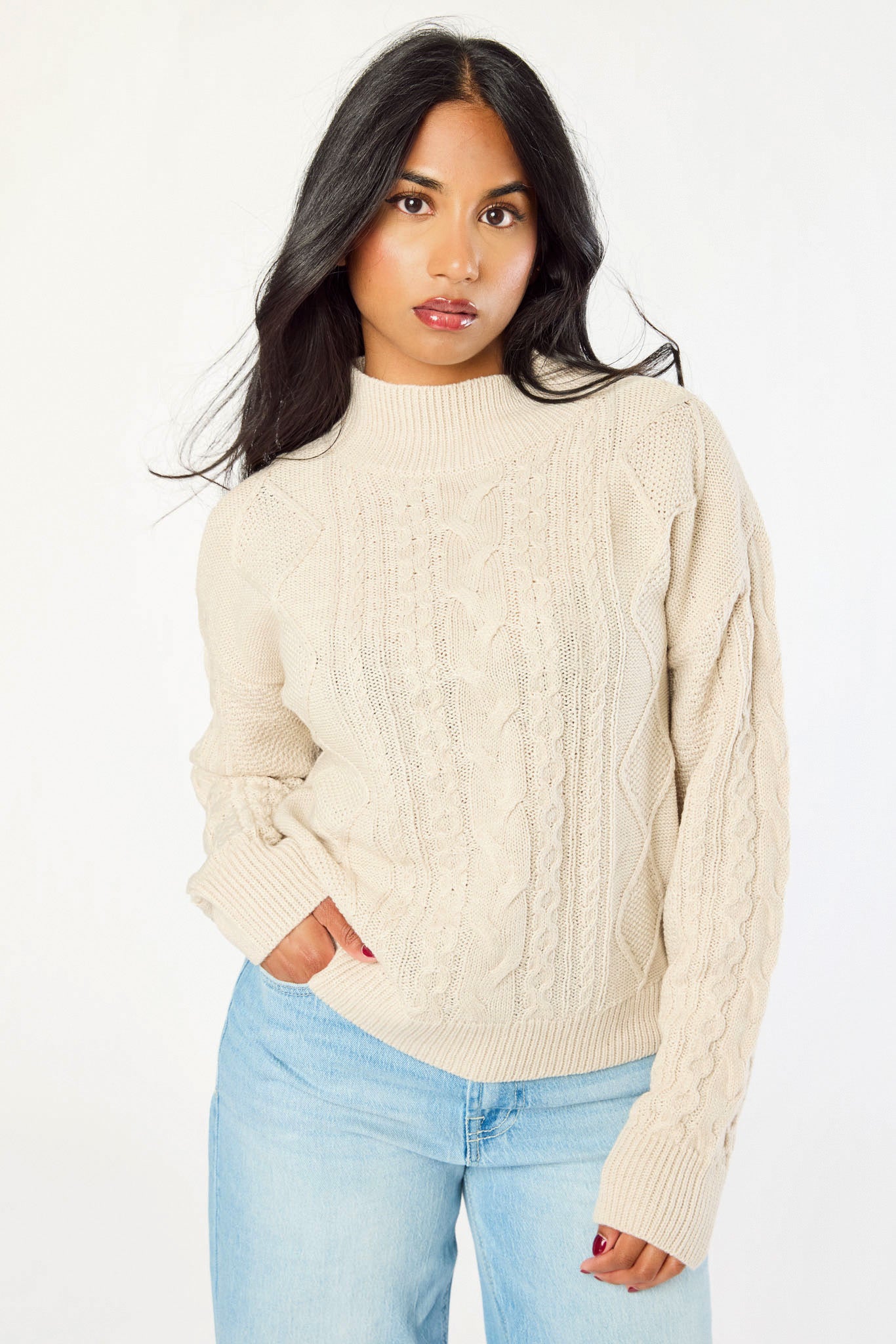 Mock-Neck Long-Sleeve Cable-Knit Sweater