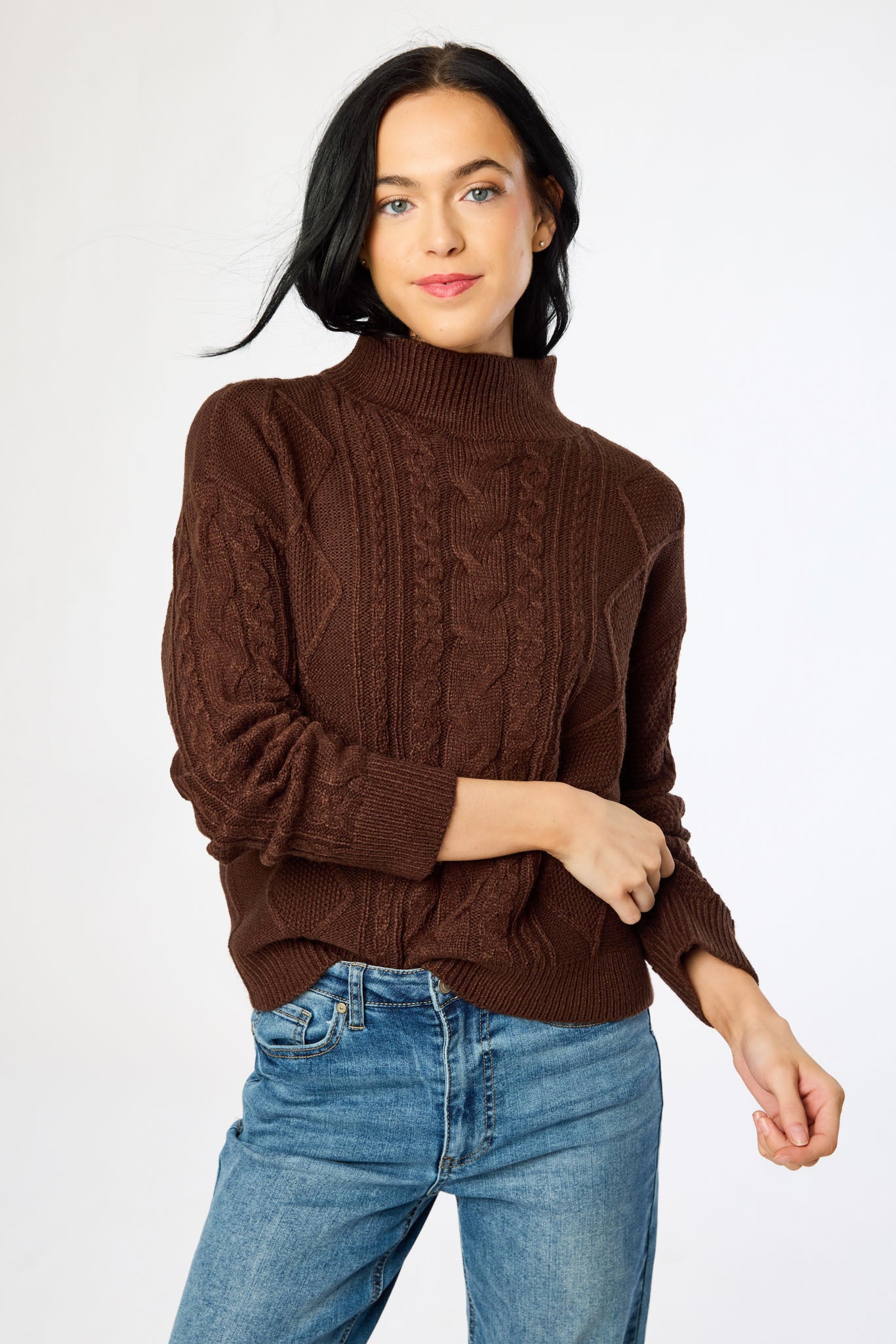 Mock-Neck Long-Sleeve Cable-Knit Sweater