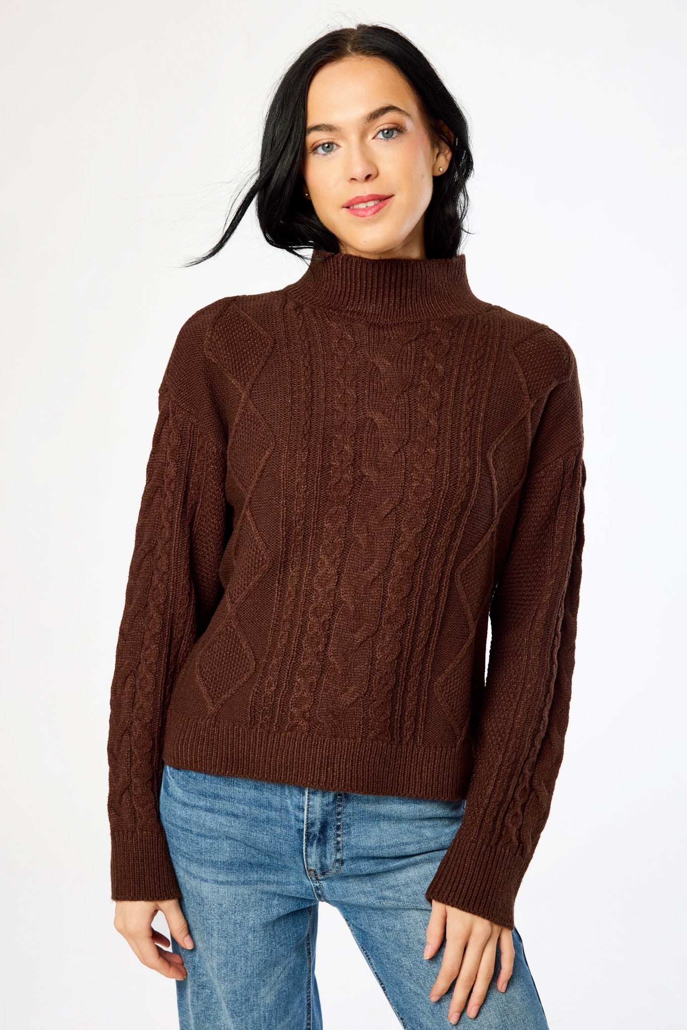 Mock-Neck Long-Sleeve Cable-Knit Sweater